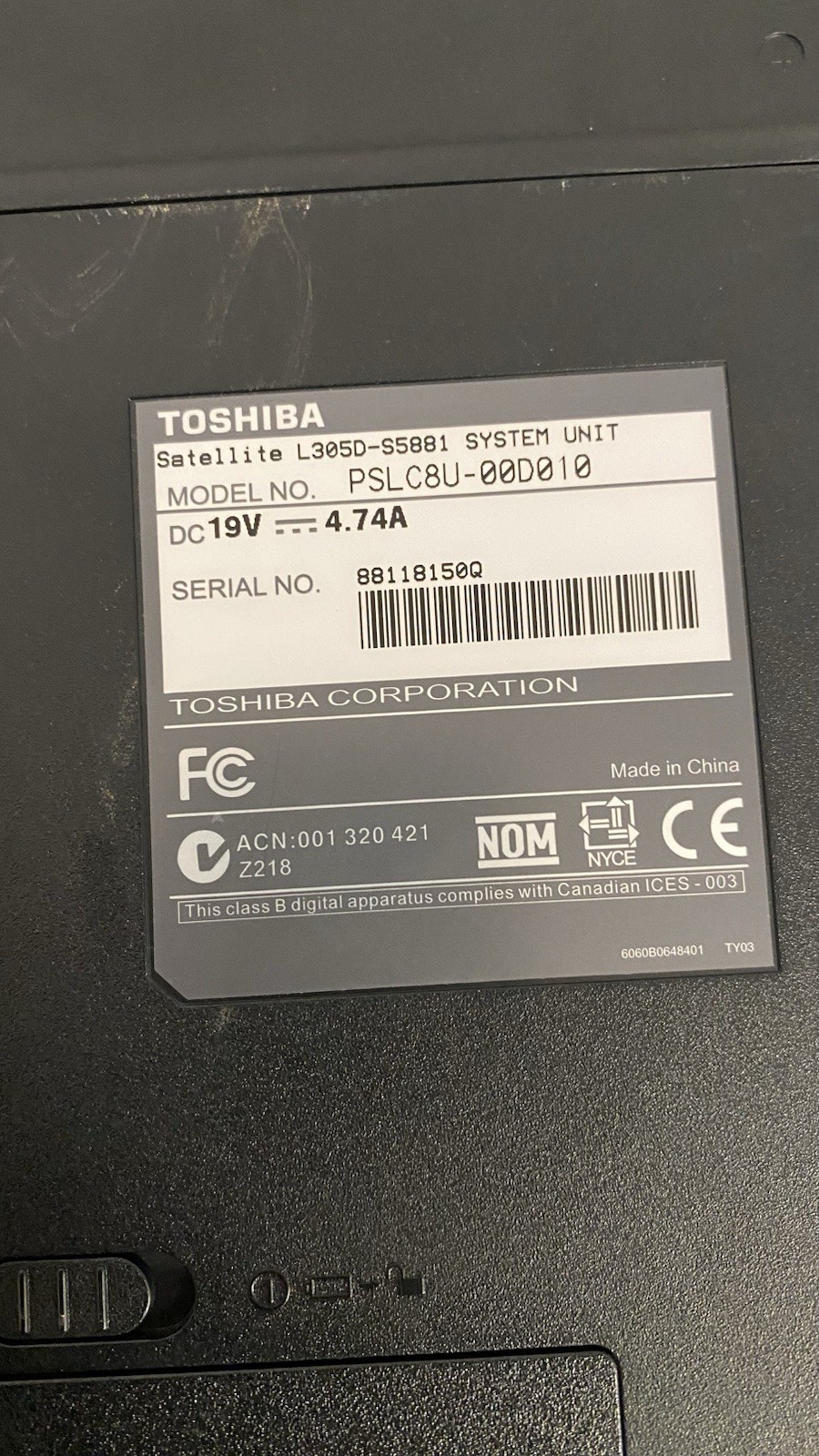 Toshiba Satellite L305D-S5934 AMD Turion X2 RM-70 2GHz 1 GB NO CHARGER. Works!