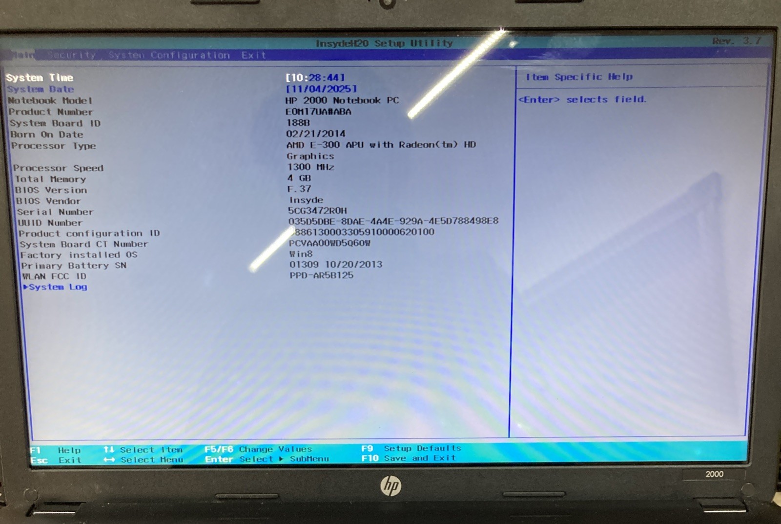 HP 2000 NOTEBOOK AMD E300 4GB 1.30GHz BOOTS TO BIOS