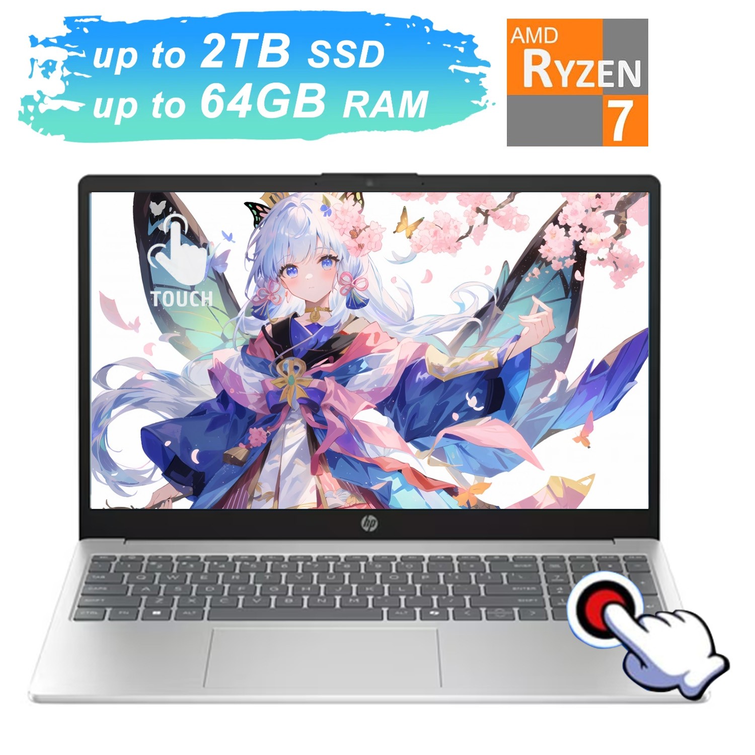 HP 15 15.6″touch laptop,AMD Ryzen 7 7730U UpTo 64GB RAM 2TB SSD Silver WiFi 6