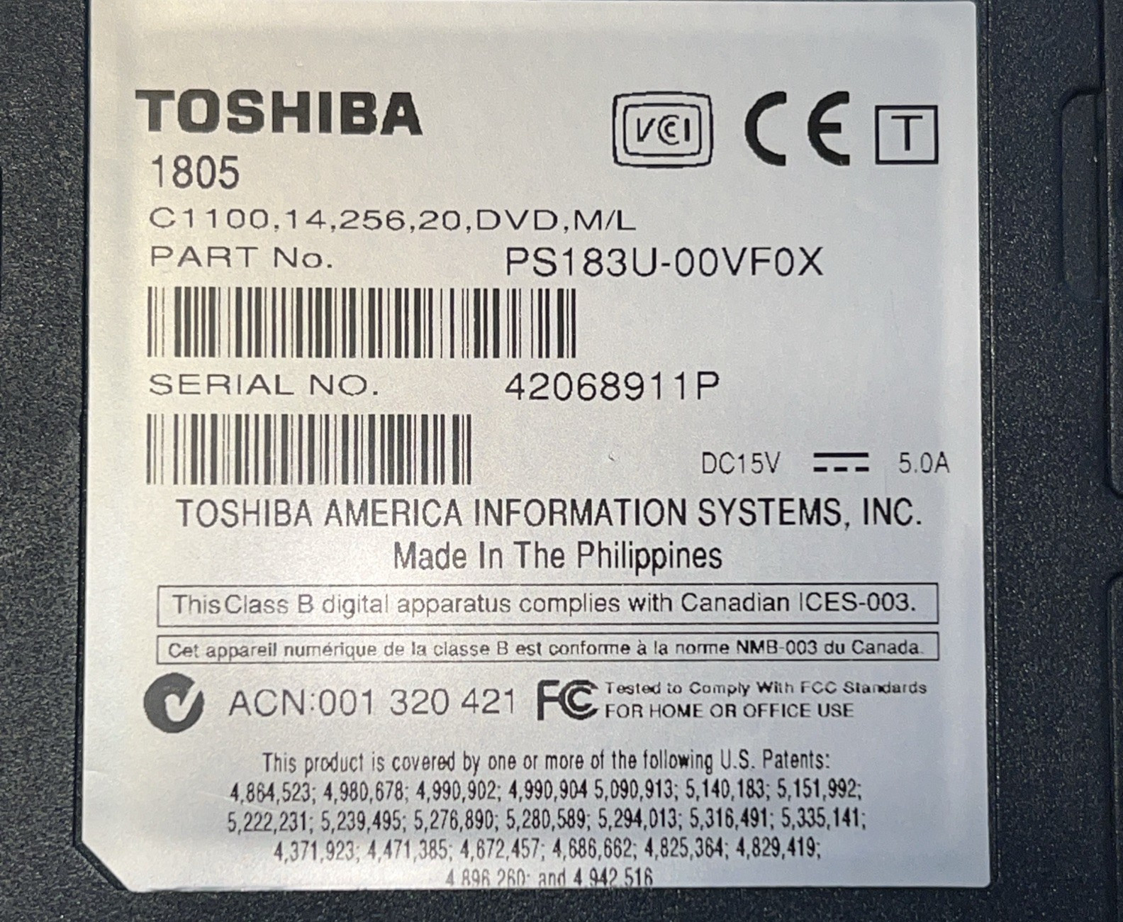 Toshiba Satellite 1805 Windows XP Laptop Tested DVD AC Adapter 496MB RAM