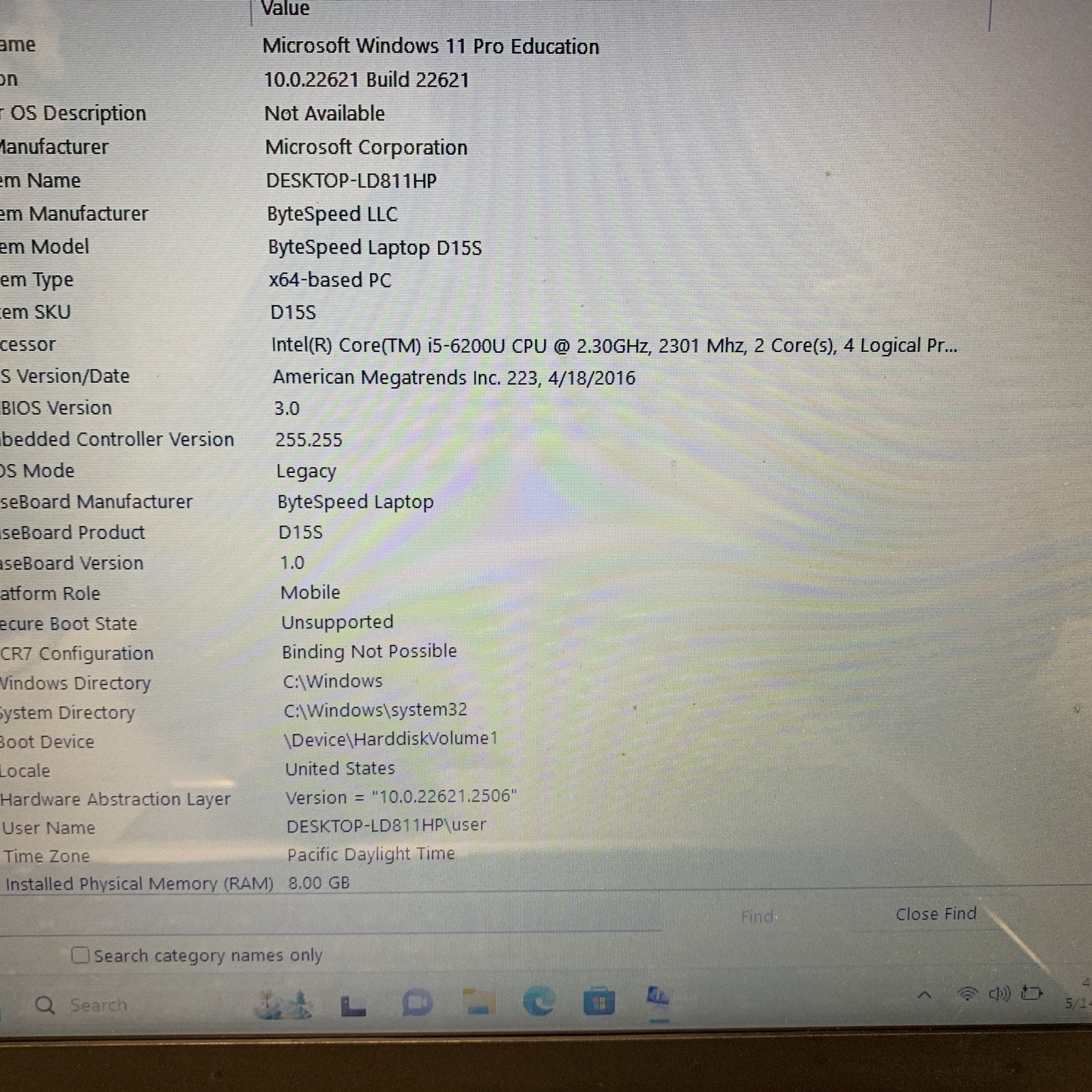 BYTESPEED D15S i5-6200U 2.30HHZ 8GB RAM 240GB SSD WIND 11 Pro Education