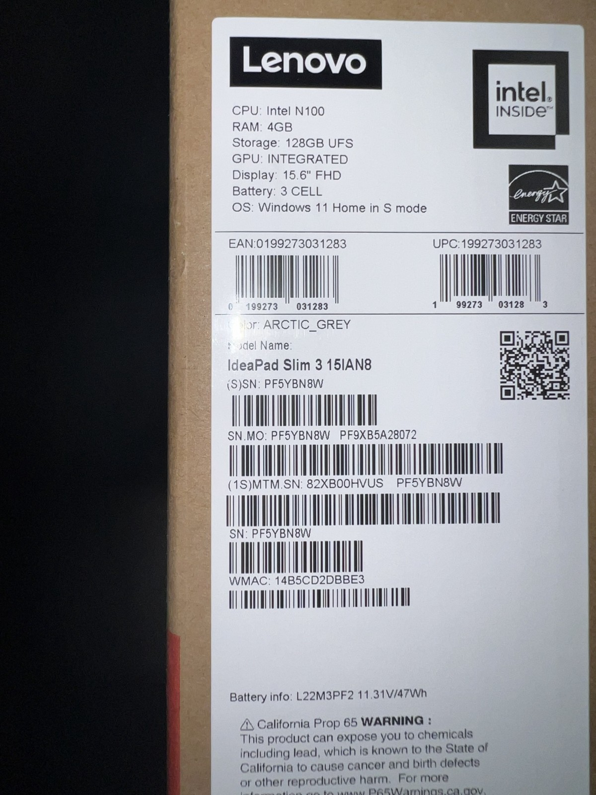 Lenovo IdeaPad Slim 3i 15.6″ Intel Processor N100, 4GB RAM, 128 SSD – Artic Grey