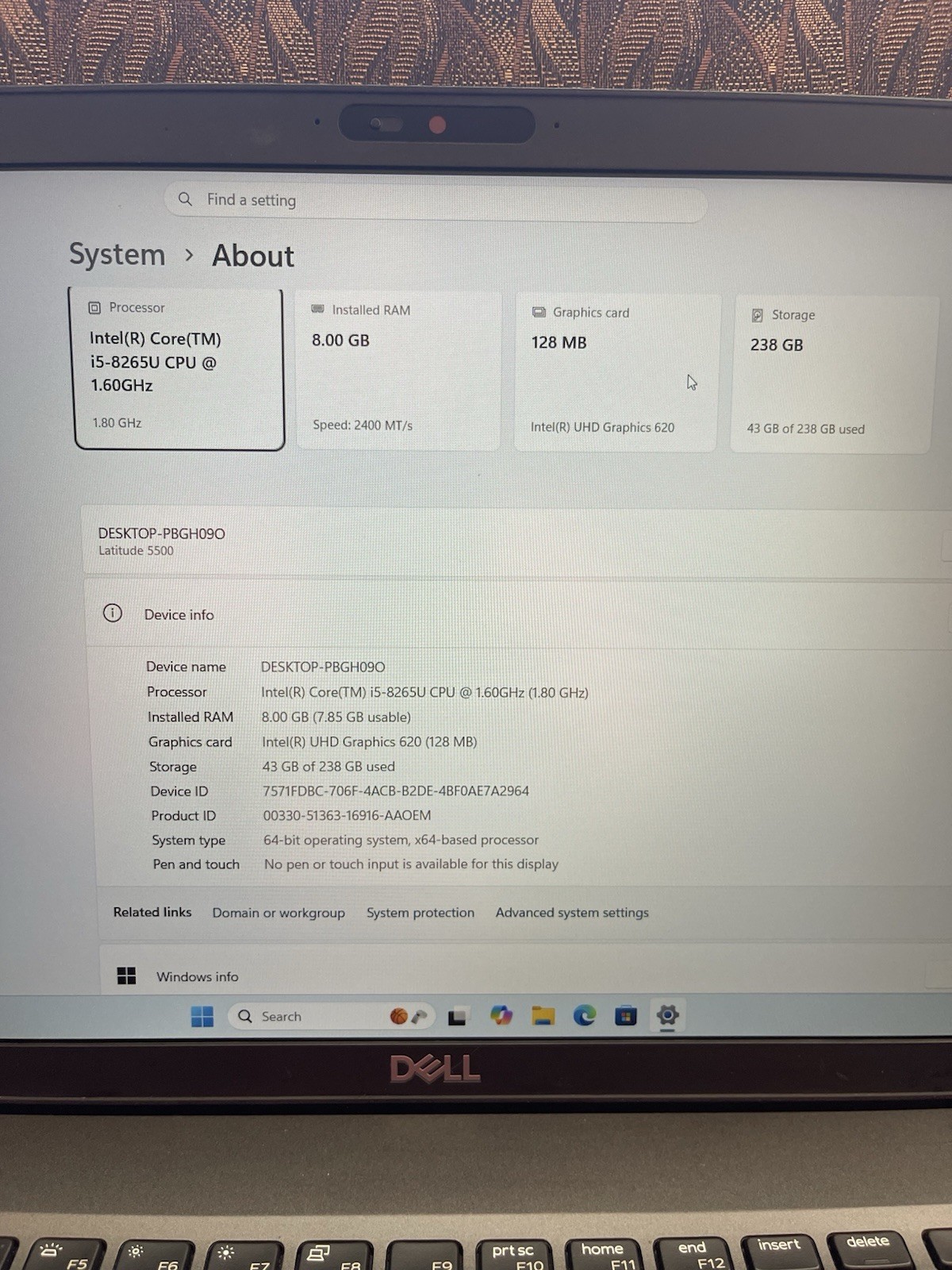 Dell Latitude 5500 15.6″ i5-8265U 8GB RAM 256GB SSD FHD Win11pro