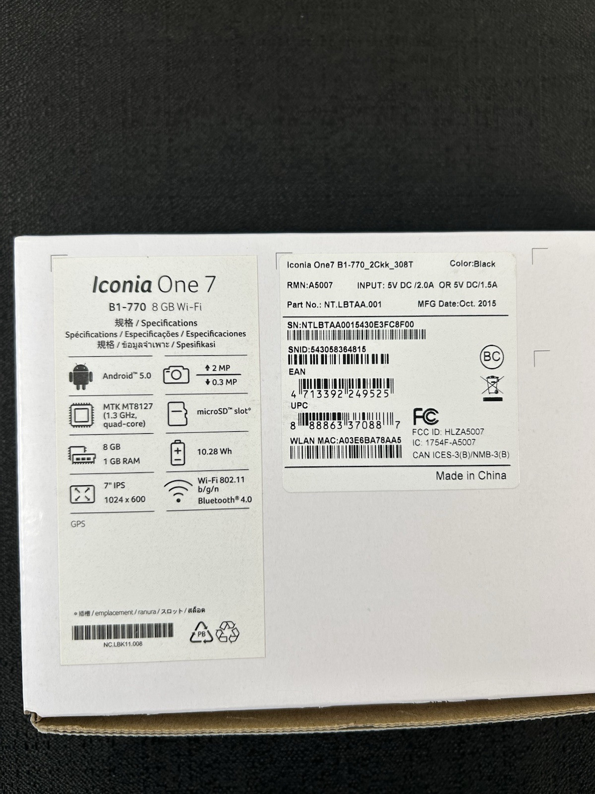 NEW Acer Iconia One 7 B1- 770 Tablet Open Box