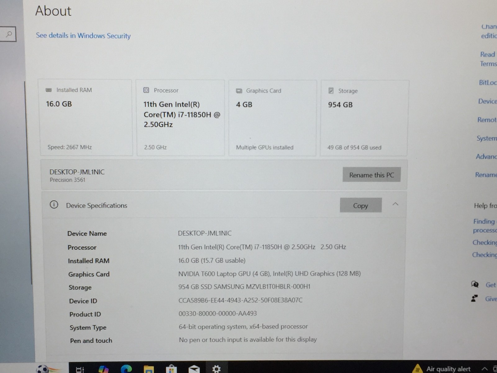 Dell Precision 3561 15.6″ FHD Laptop I7-11850H 16GB 1TB SSD Quadro T600 No AC