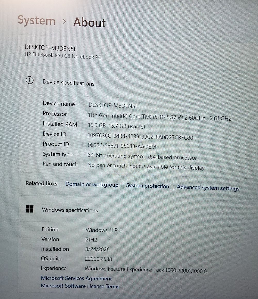 HP EliteBook 850 G8 15.6″ Intel Core i5 1145G7 2.6GHz 16GB RAM 256GB SSD win 11