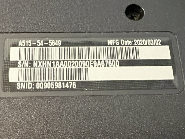 Acer A515-54 Laptop (i5-10210U 1.6 Ghz, 20GB, 512GB SSD & Power Supply) Batt=DOA