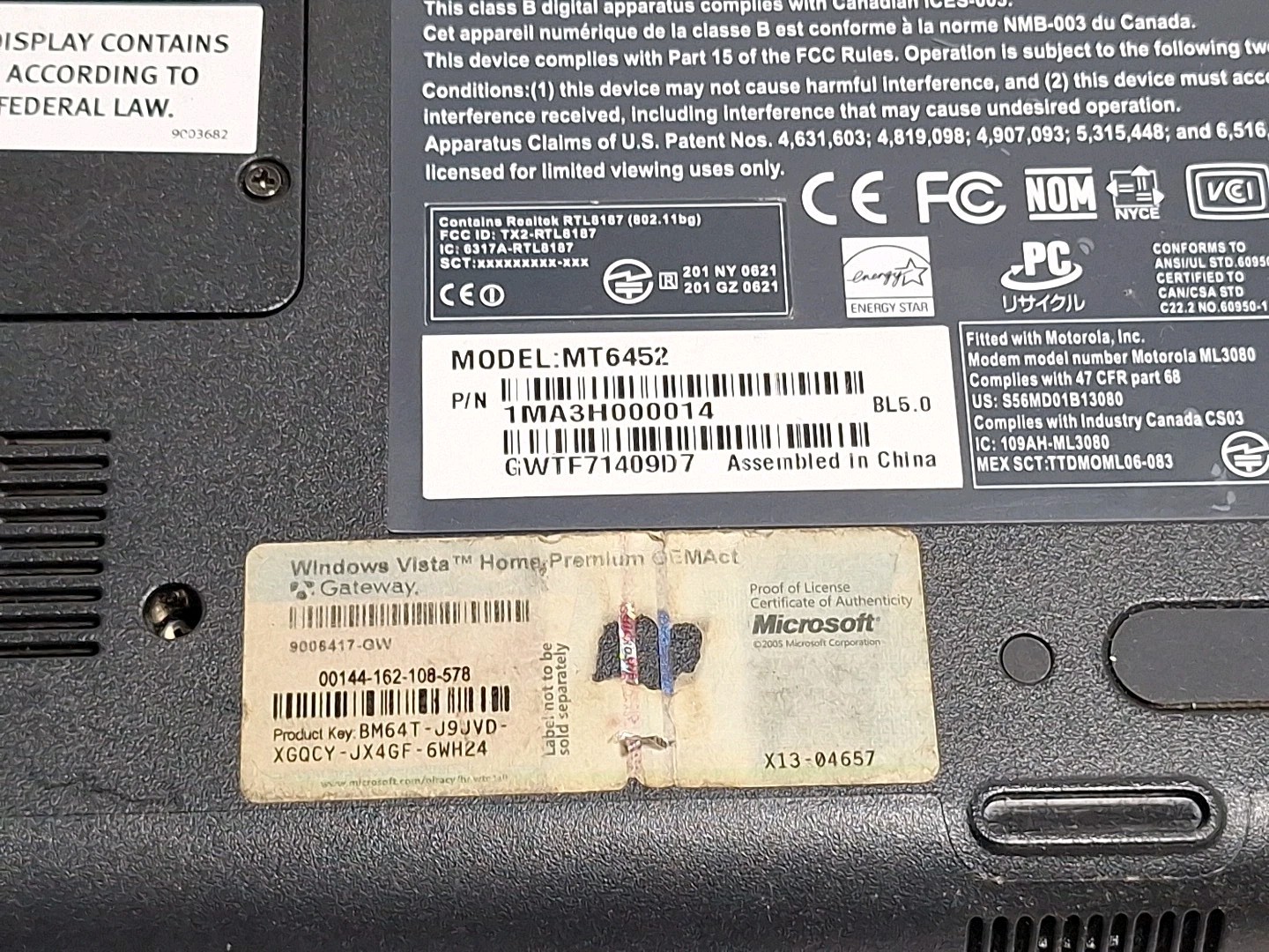 Gateway Laptop MA3 MT6452 AMD Turion 64 1.60GHz 1GB Ram 15.3″ Windows 7 Premium