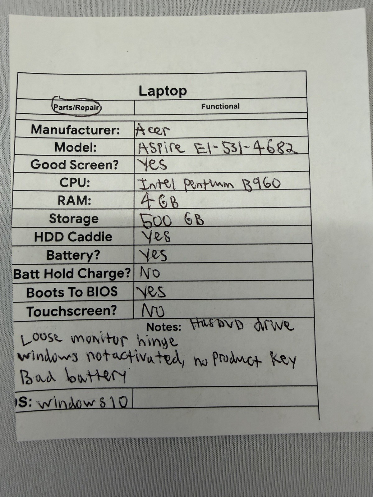 Acer Aspire E1-531-4682 Laptop – Good Screen – Intel Pentium B960 – Read Desc