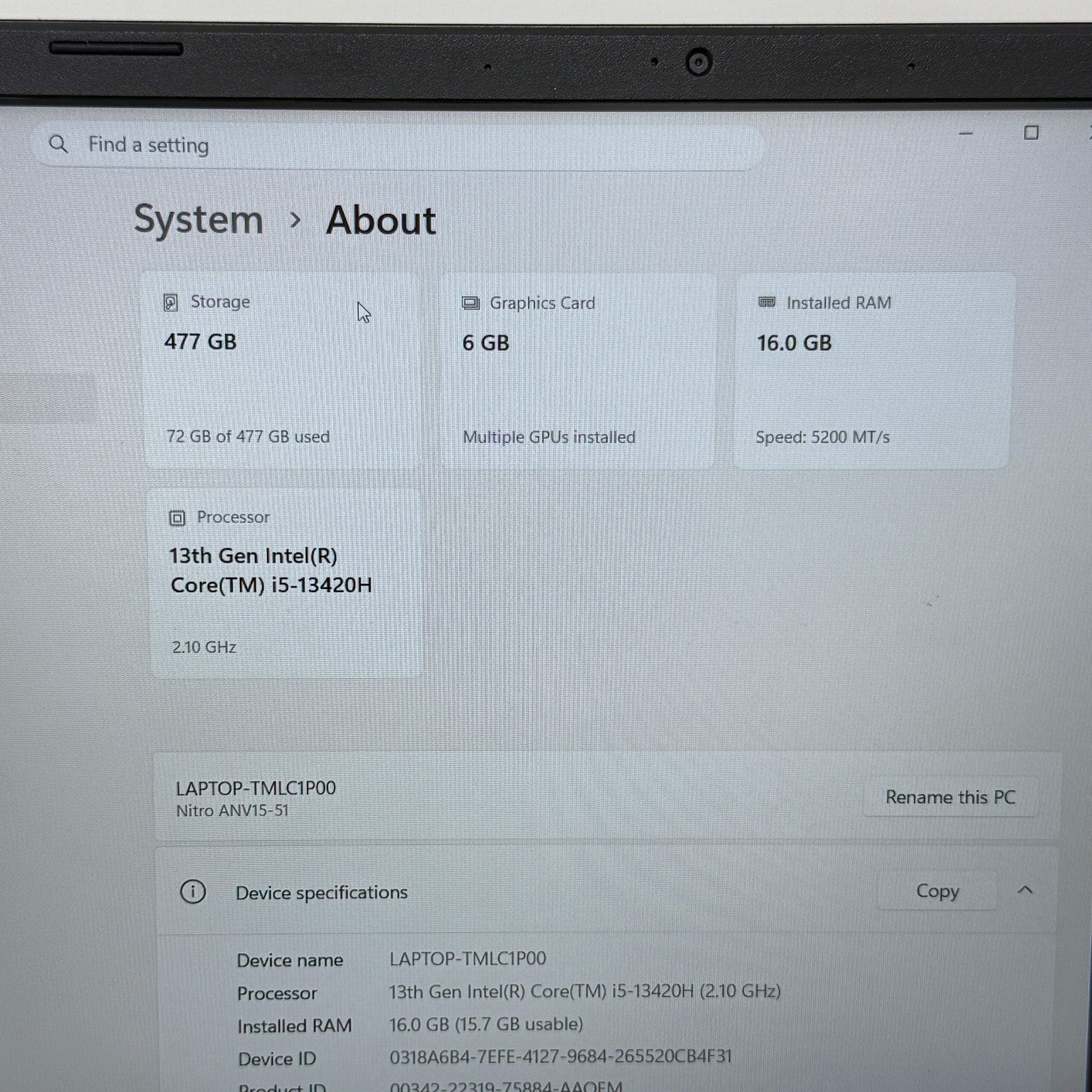 Broken Acer Nitro V 15 ANV15-51 15.6″ i5-13420H 2.1GHz 16GB RAM 500GB SSD GeForc