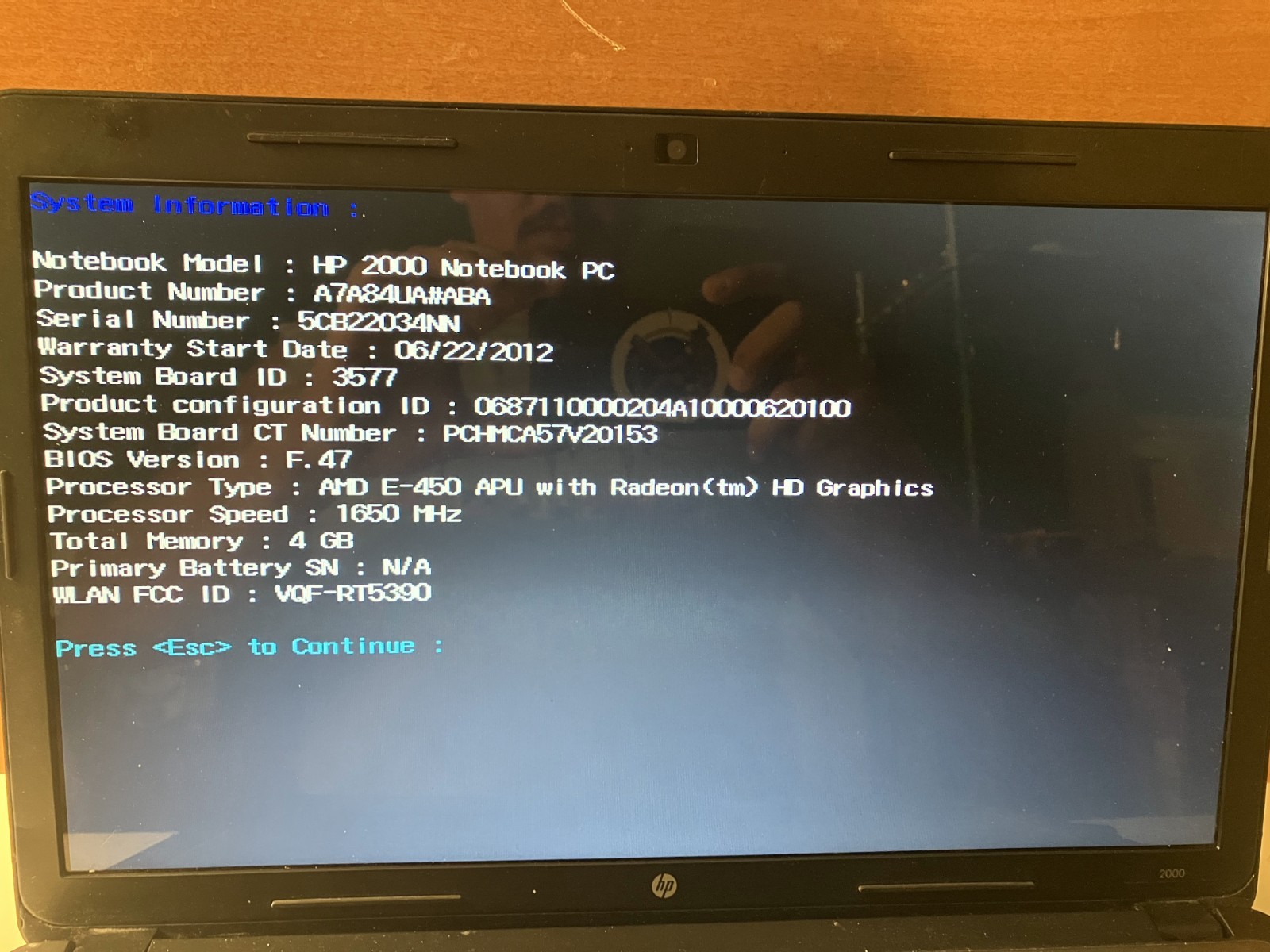 HP 2000 AMD E-450 1.65GHz 1650MHz 4GB Laptop NO HDD NO BATTERY BOOTS PARTS