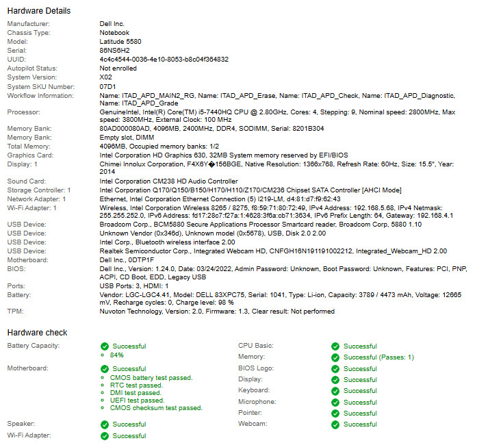 Dell Latitude 5580, i5-7440HQ CPU, @ 2.80GHz, 4GB RAM-No HDD/OS/Charger
