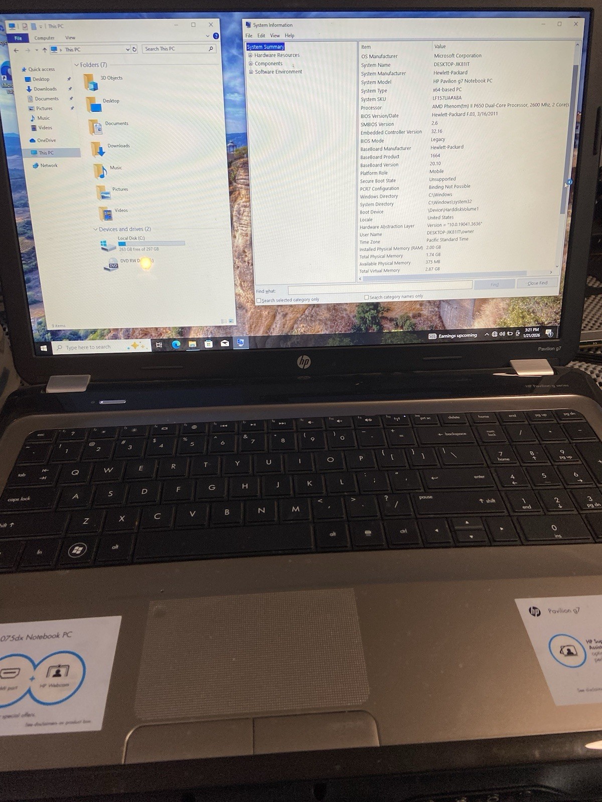 HP PAVILION G7 1075DX NOTEBOOK PC- AMD Phenom II – WINDOWS 10 PRO