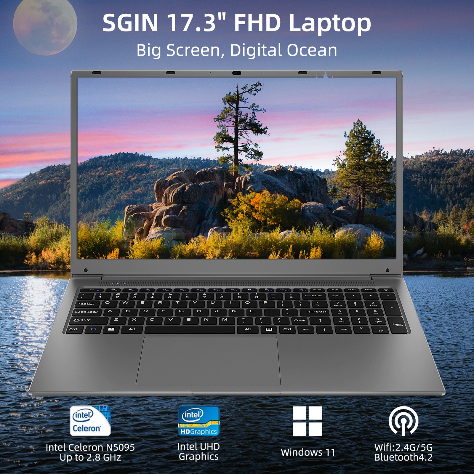 SGIN 17.3″ FHD Laptop 512GB SSD 12GB RAM Notebook-Intel N5095 Up to 2.9GHz WiFi