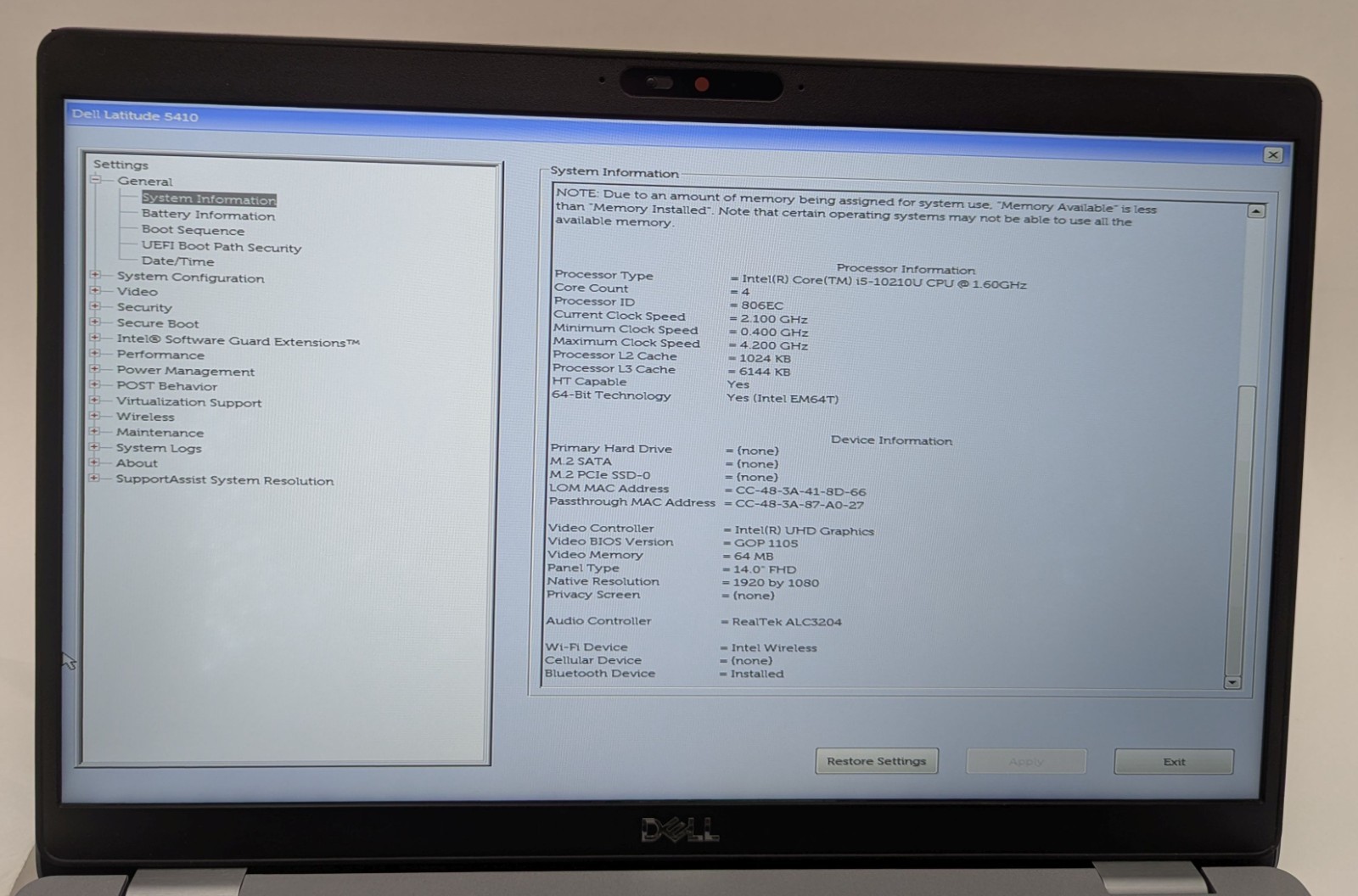 Incomplete Dell Latitude 5410 14″ Laptop Intel Core i5-10210U 1.60GHz 16GB RAM