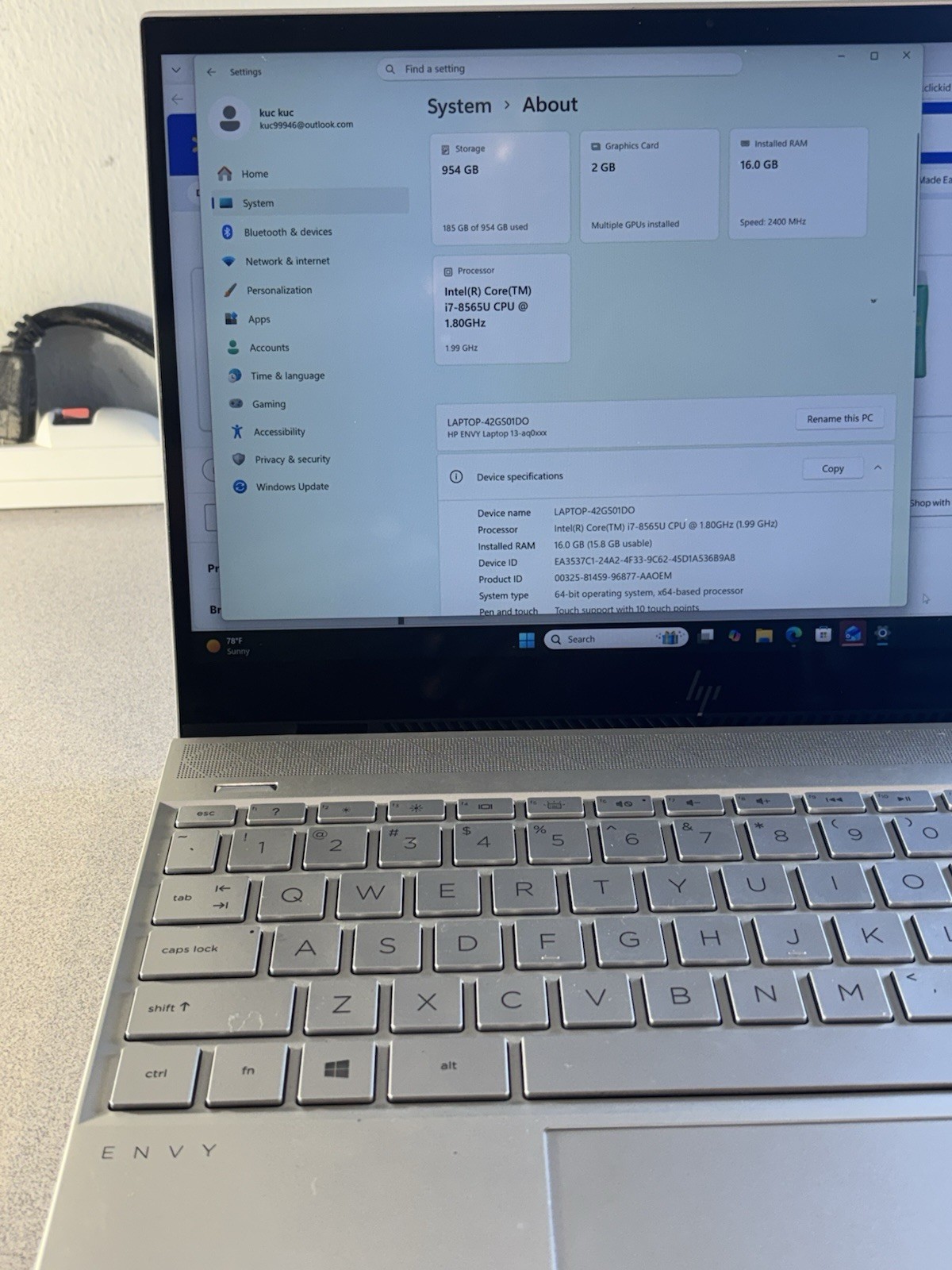 HP Envy 13 Core- i7-8565U CPU 1.80GHz -16GB Ram /1TB Window 11 Home Touchscreen