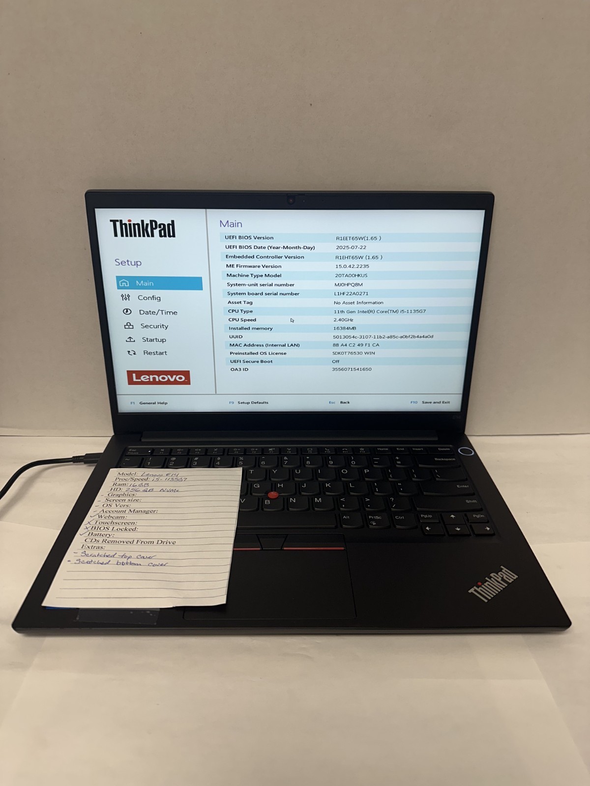 Lenovo ThinkPad E14 Gen 2 14″ (i5-1135G7, 16GB, 256GB NVMe, No OS or Charger)