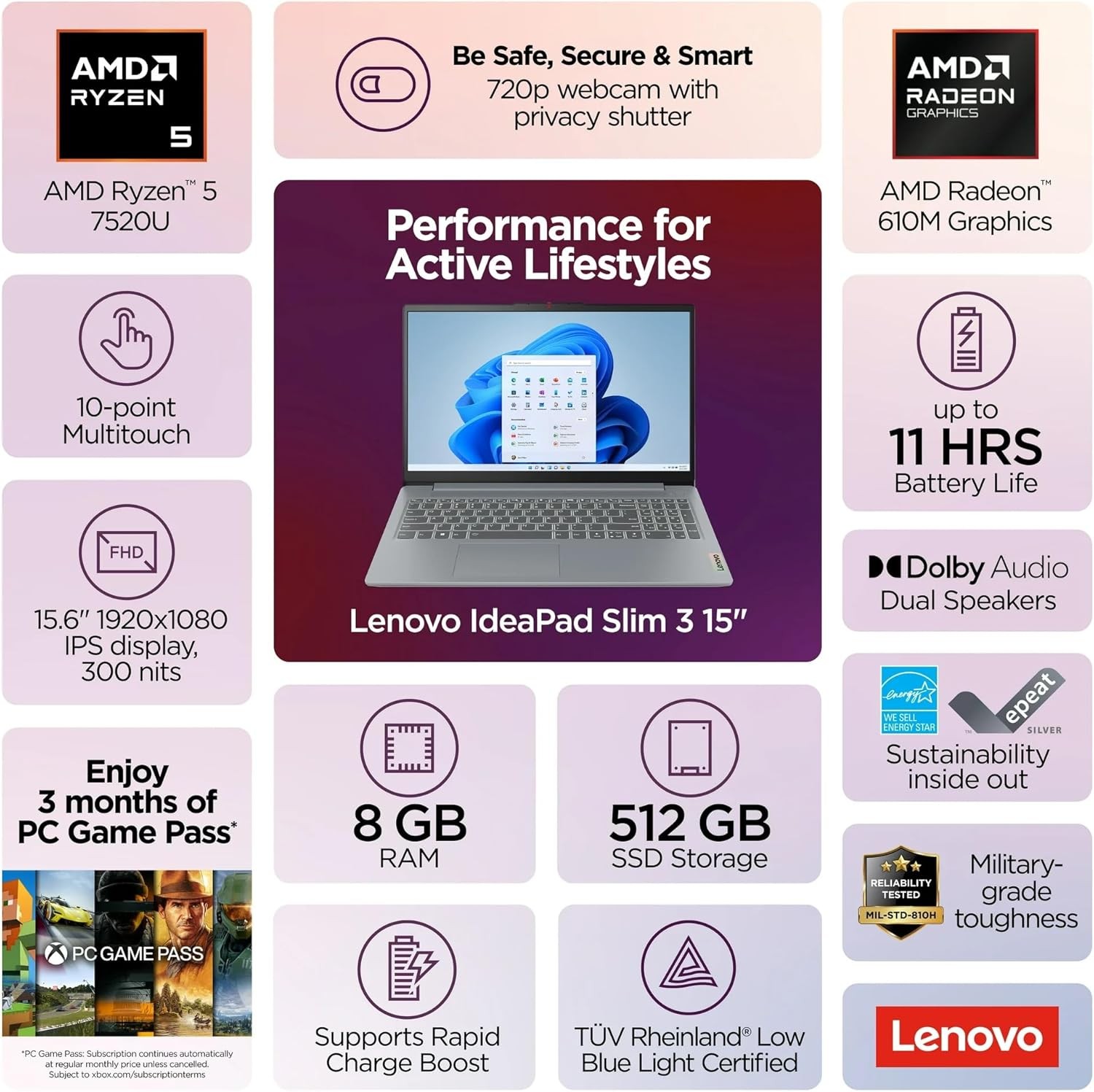 Lenovo IdeaPad Slim 3 15.6″ FHD Touch Laptop AMD Ryzen 5 7520U 8GB RAM 512 SSD