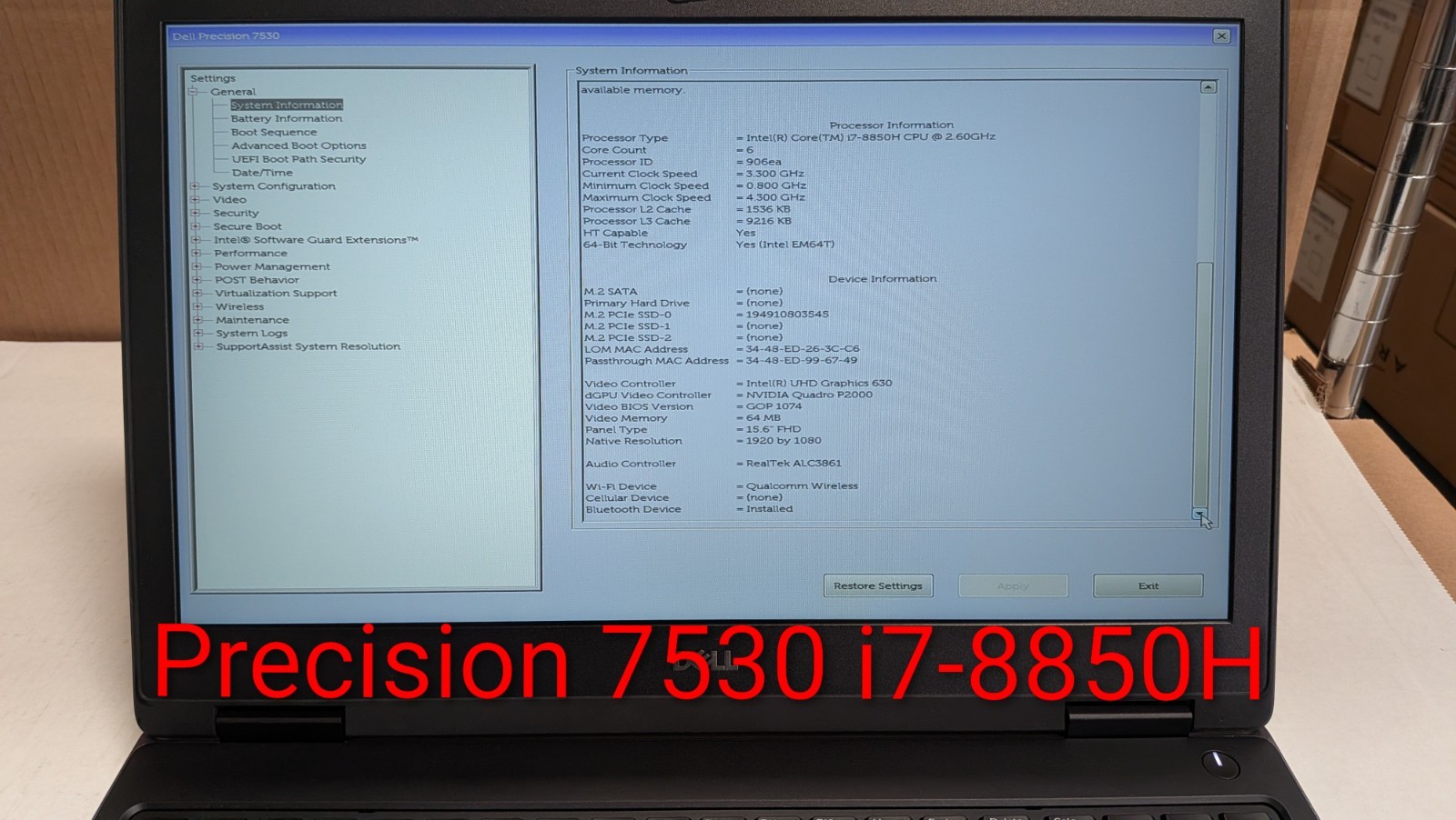 Dell Precision 7539 15.6″ FHD i7-8750H 32GB Ram 512GB Quadro P2000 W11P W/AC