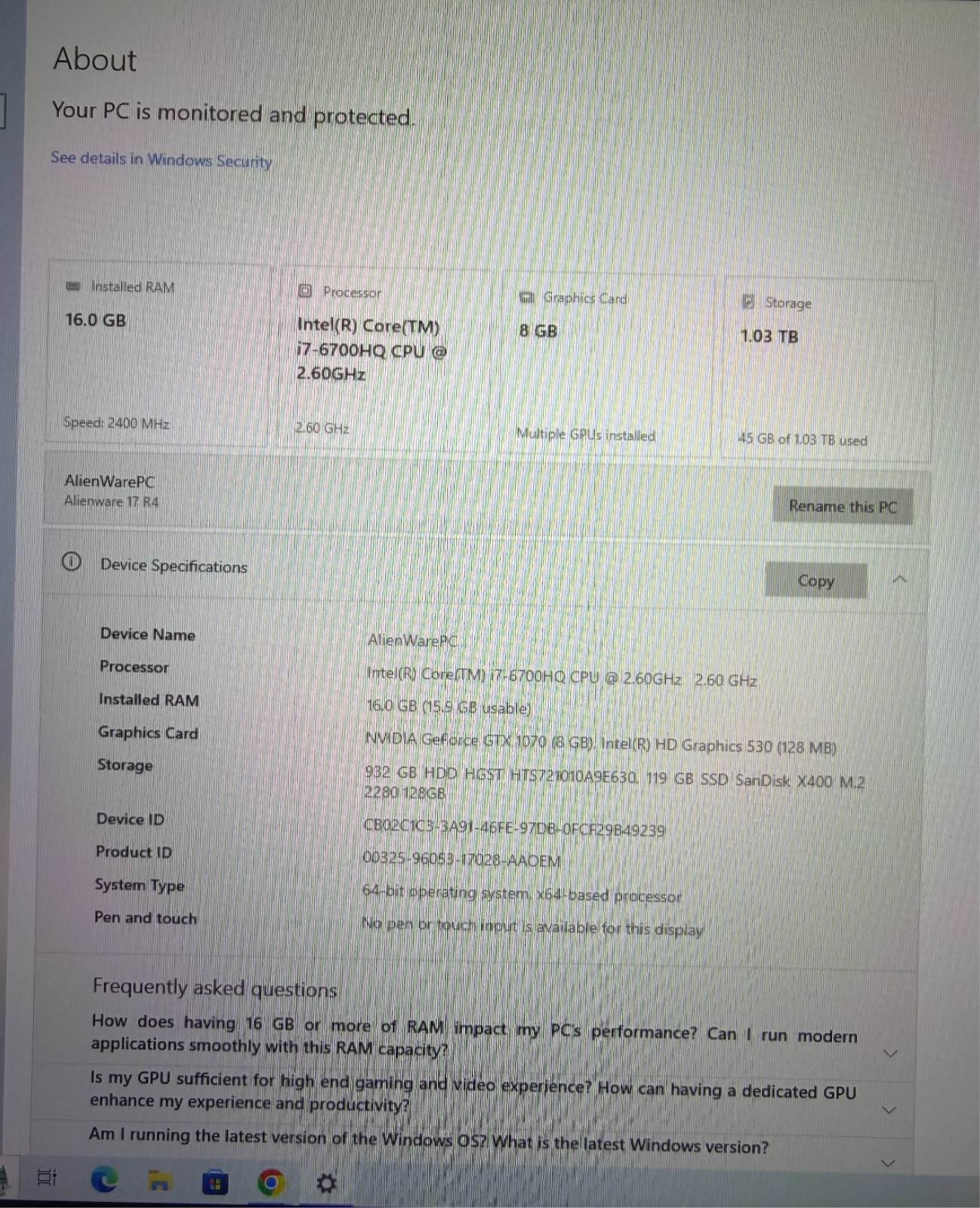 Alienware 17 R4 17.3″ FHD i7-6700HQ GTX1070(8GB) 16GB 128SSD + 1TB Win10 Home