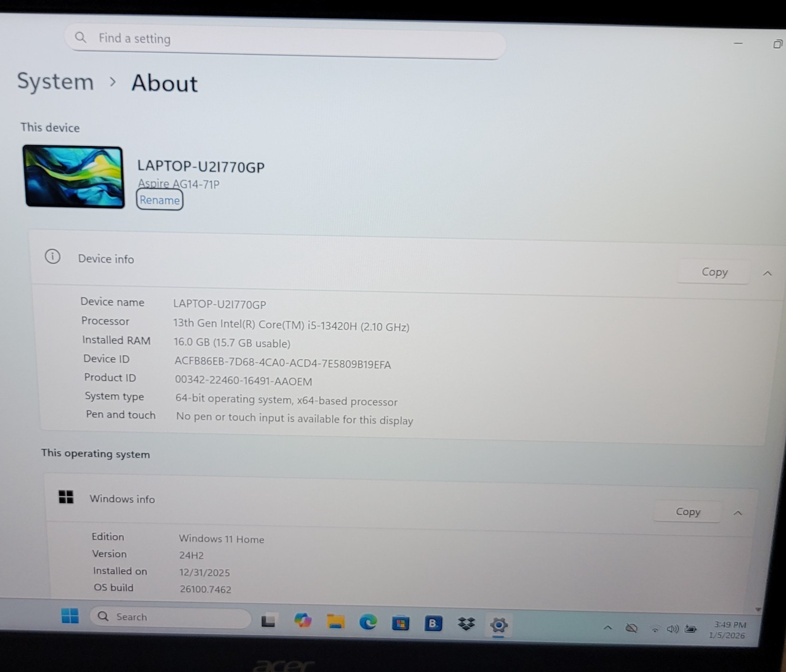 Acer Aspire Go 14 Laptop Intel i5-13420H 16gb RAM 512gb SSD AG14-71P