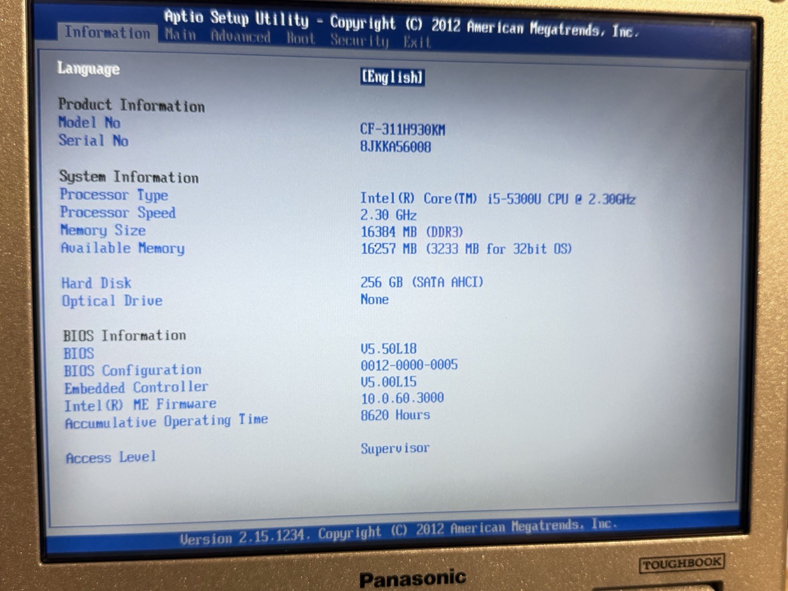 Panasonic Toughbook CF-31 I5-5300u@2.3ghz 16gb Ram 256 GB SSD Win11P 8620 HOURS