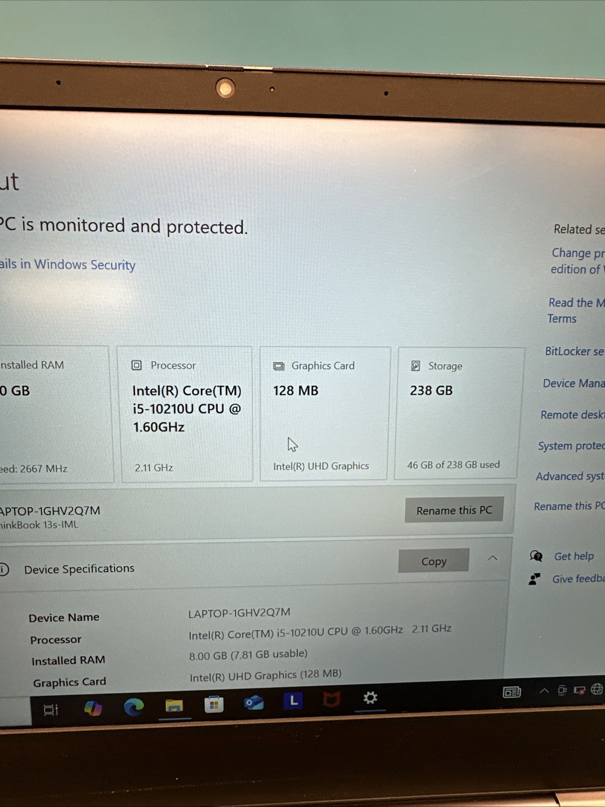 LENOVO ThinkBook 13s-IML i5 10210U 1.60GHz 8 GB 256 SSD