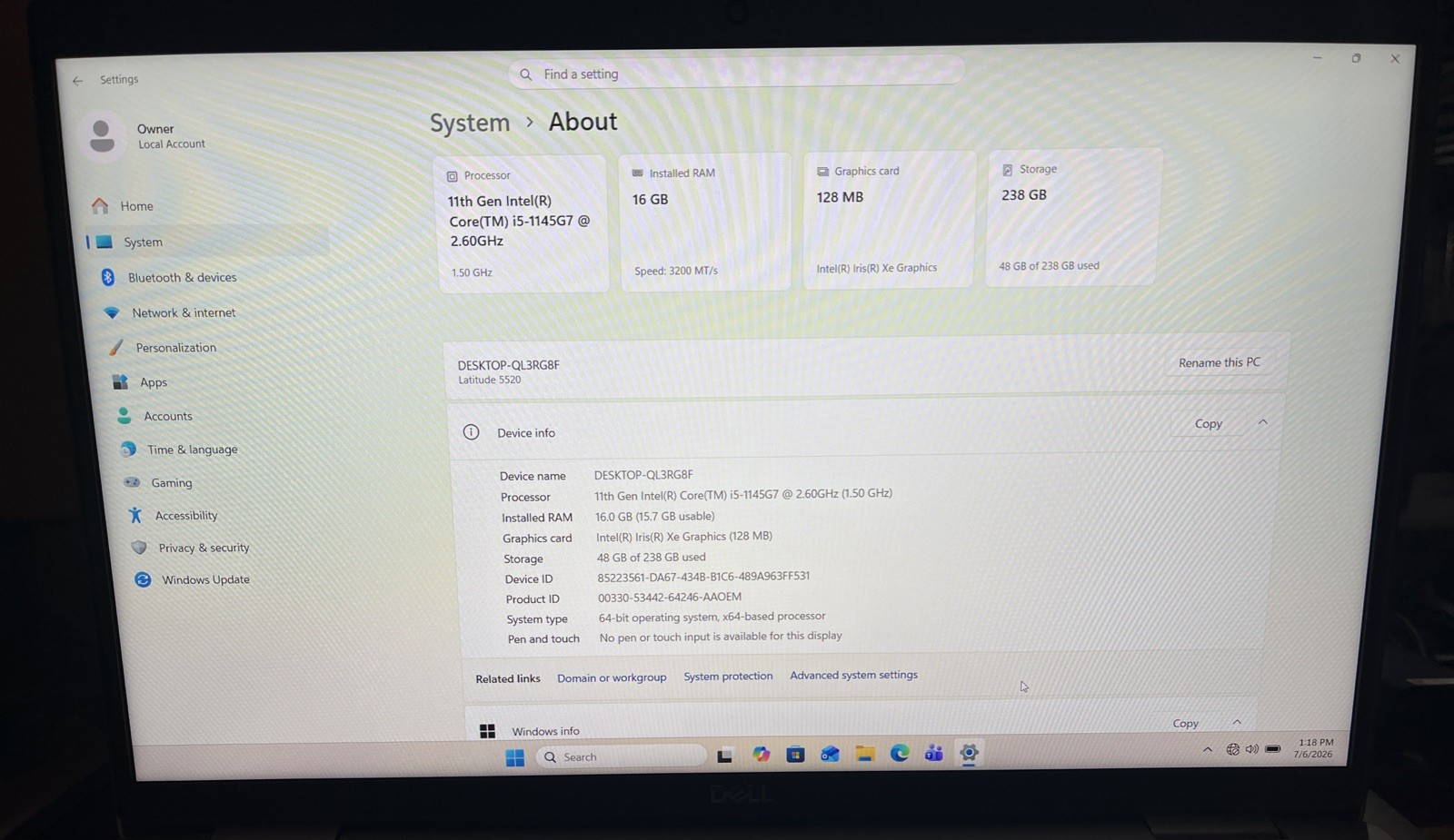 Dell Latitude 5520 15″ i5-1145G7@2.6GHz, 16GB RAM, 256GB M2, Win 11 Pro