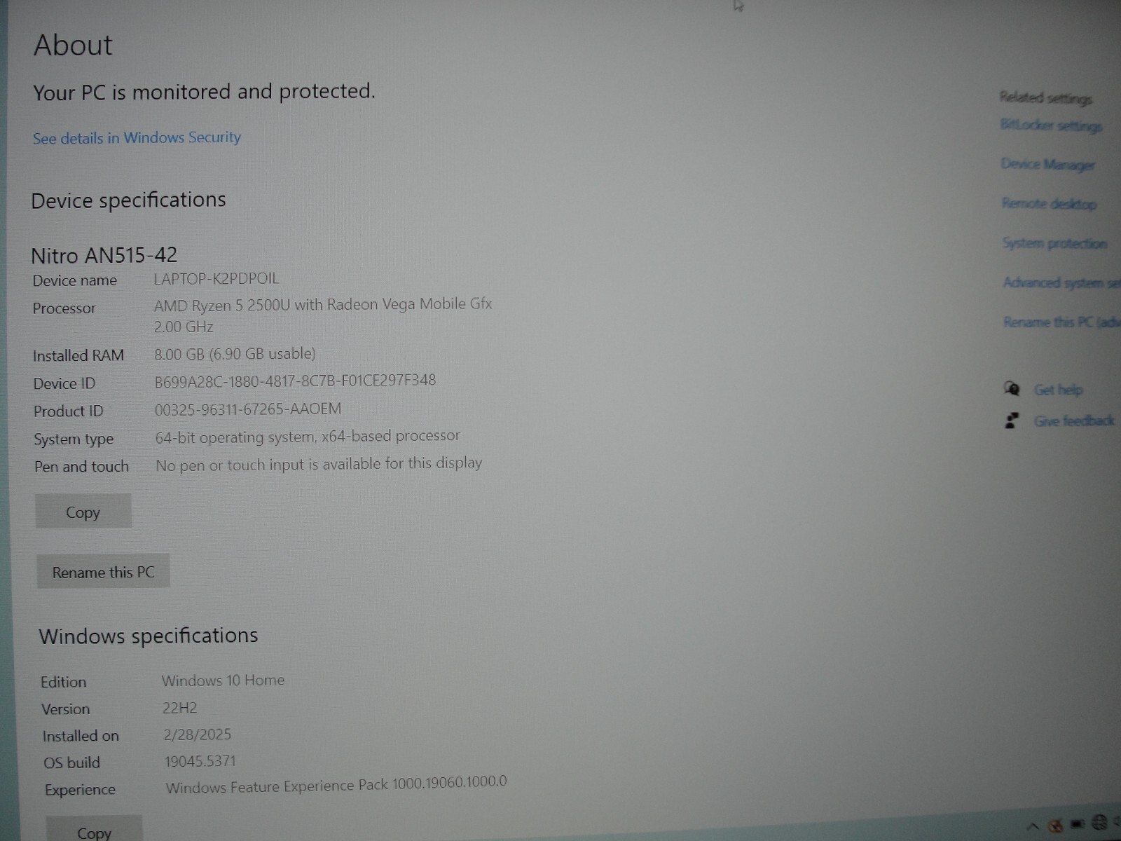 Acer Nitro 5 AN515-42-R5ED 15.6” AMD Ryzen 5 2500U 2GHz 8GB HDD Reset 1TB
