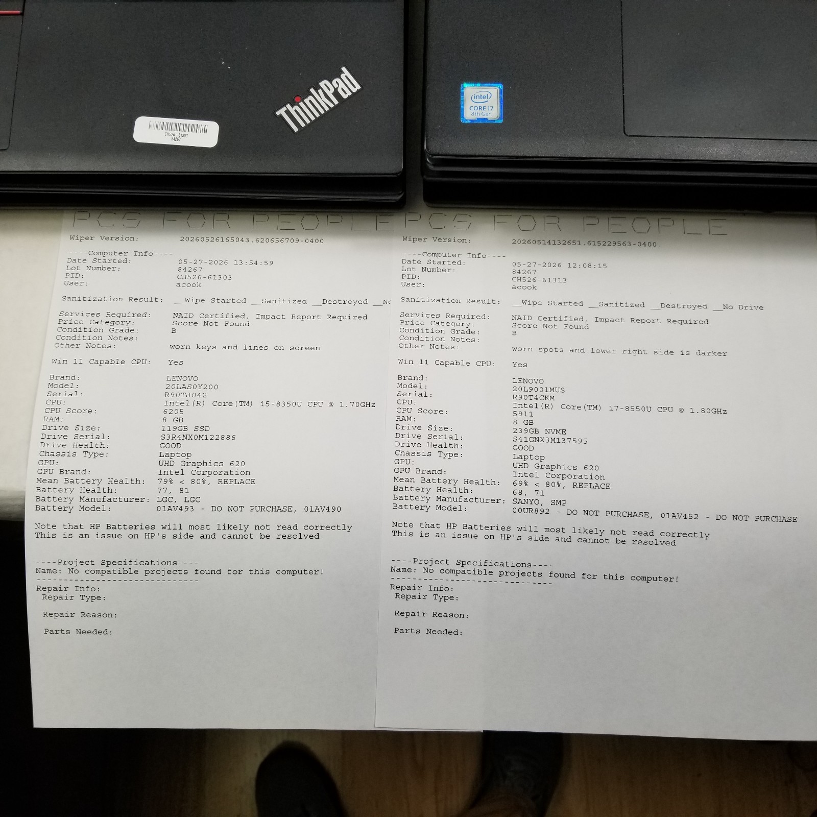 Lot of 7 Lenovo ThinkPad T580 Mixed Specs i5 / i7 for Parts or Repair *Read*