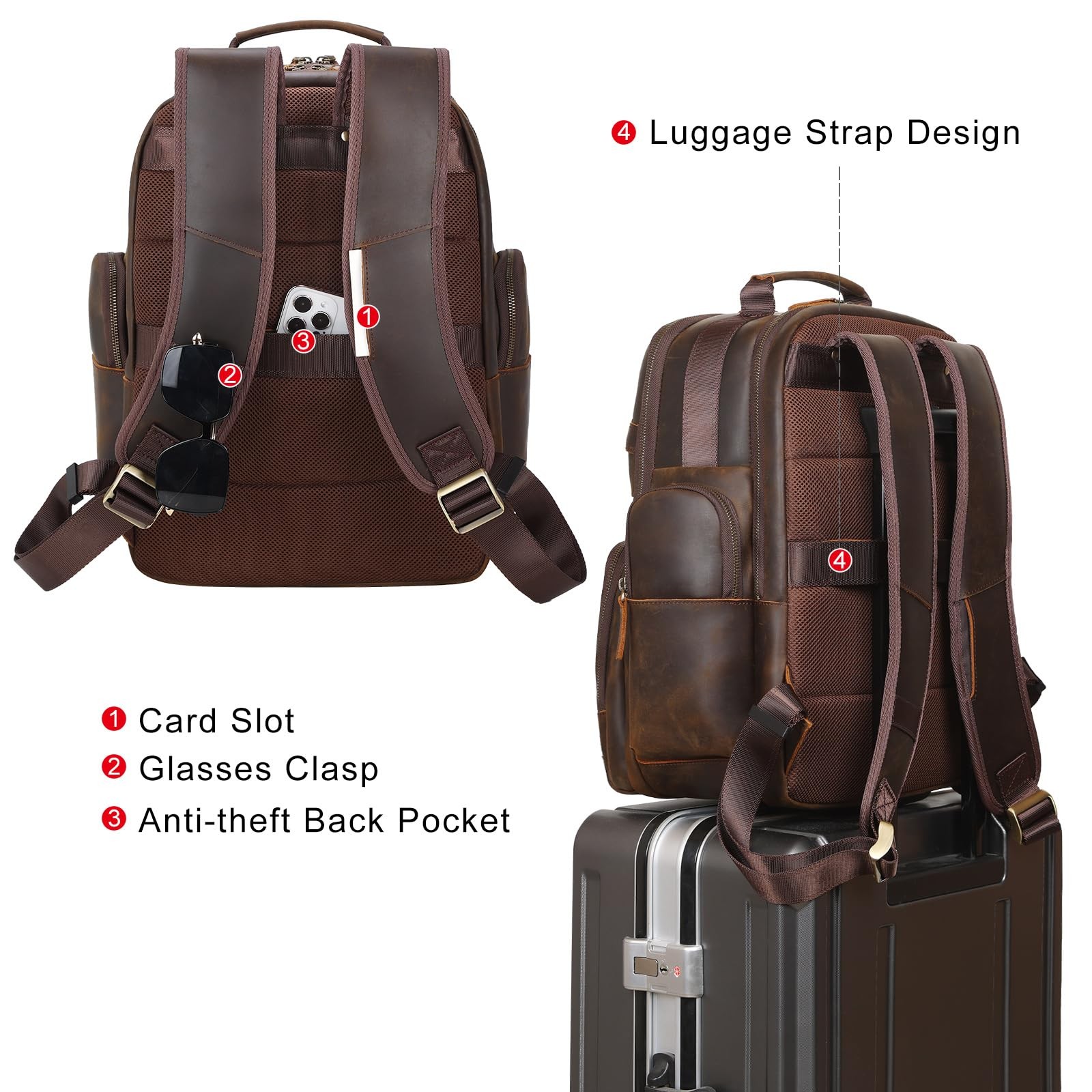 TIDING Full Grain Leather Backpack Men Laptop Bag 15.6″ Business Travel Hiking