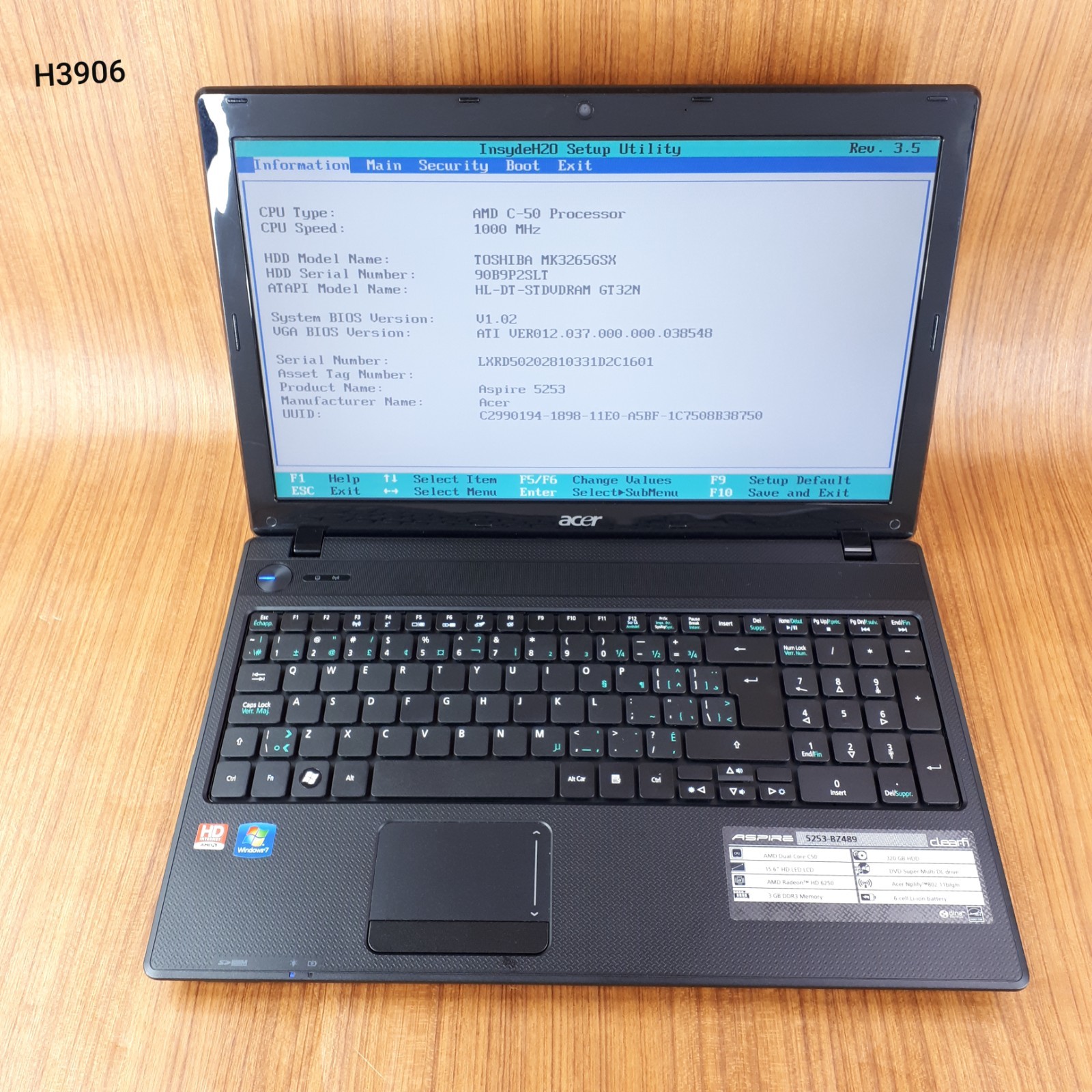 Acer Aspire 5253-BZ489 P5WE6 15.6″ Laptop AMD C50 3GB RAM 320GB Boots/Bios H3906
