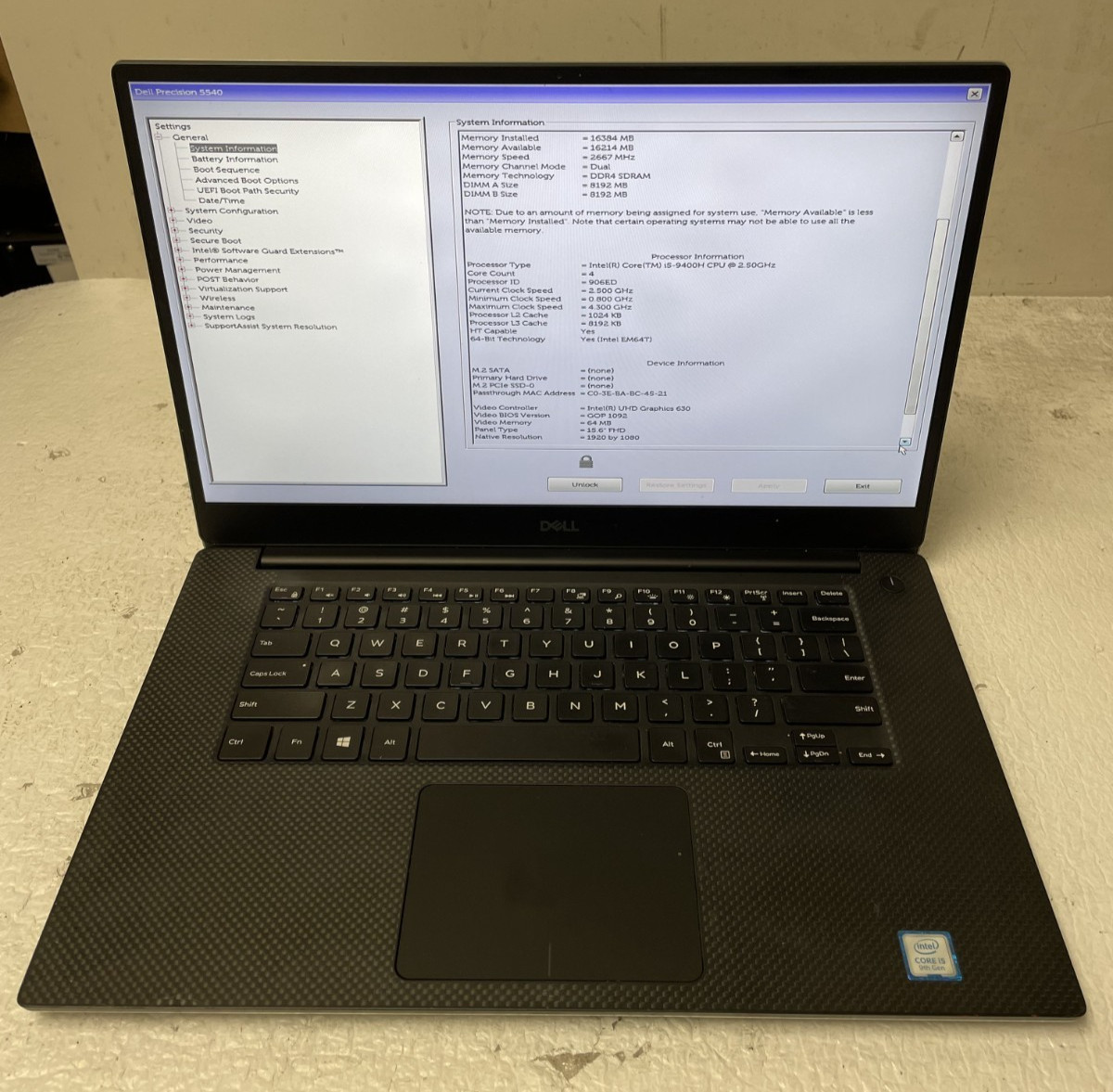 Dell Precision 5540 Intel i5-9400H @2.50GHz 16GB RAM NO SSD Admin Lock Parts