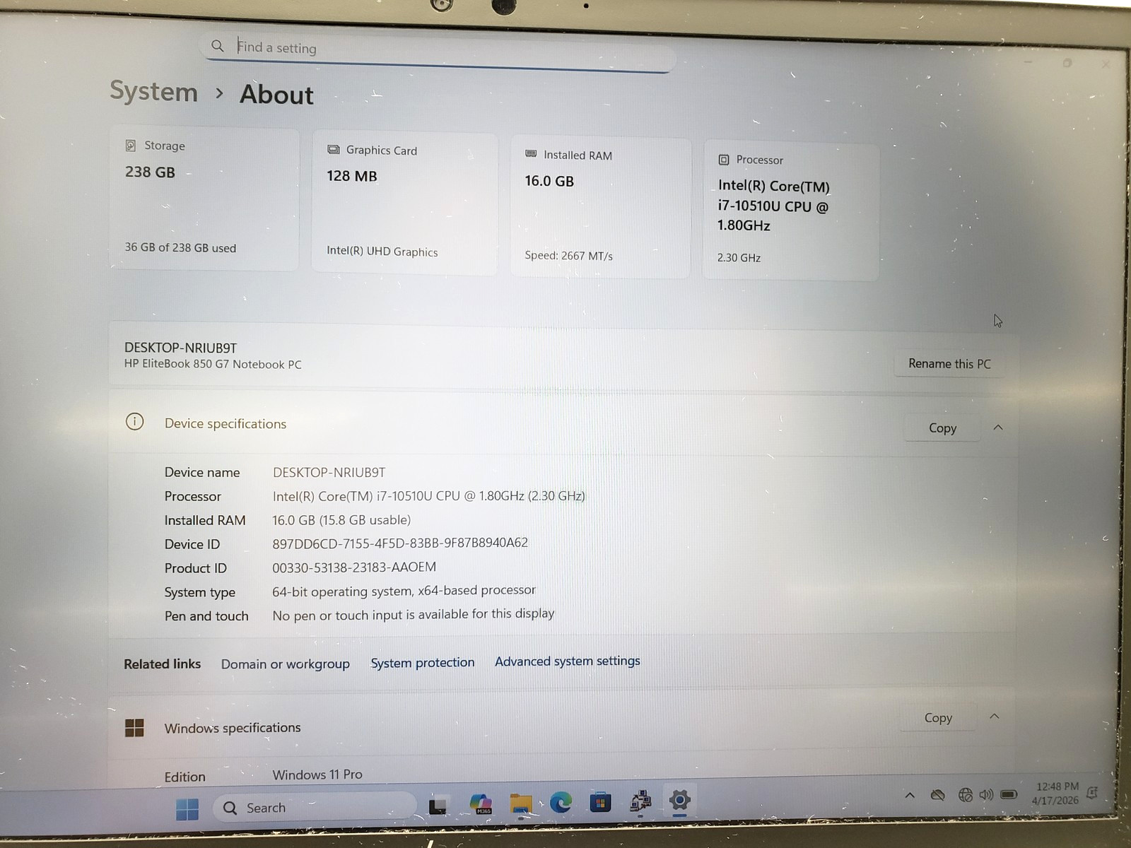 HP EliteBook 850 G7 i7-10510U 32GB RAM 512GB SSD 15.6″ Laptop PC Win 11 pro.