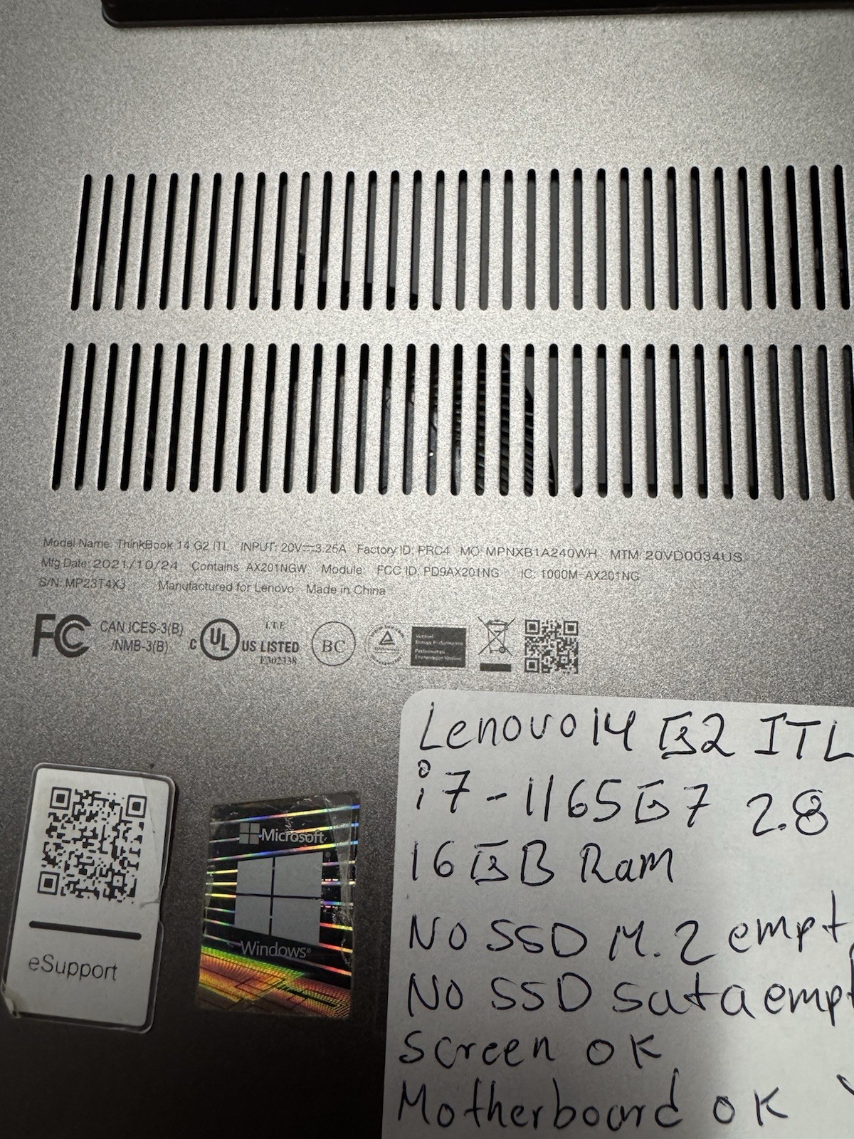 Lenovo ThinkBook 14 G2 ITL i7-1165G7 16GB RAM No SSD Broken Hinge Parts