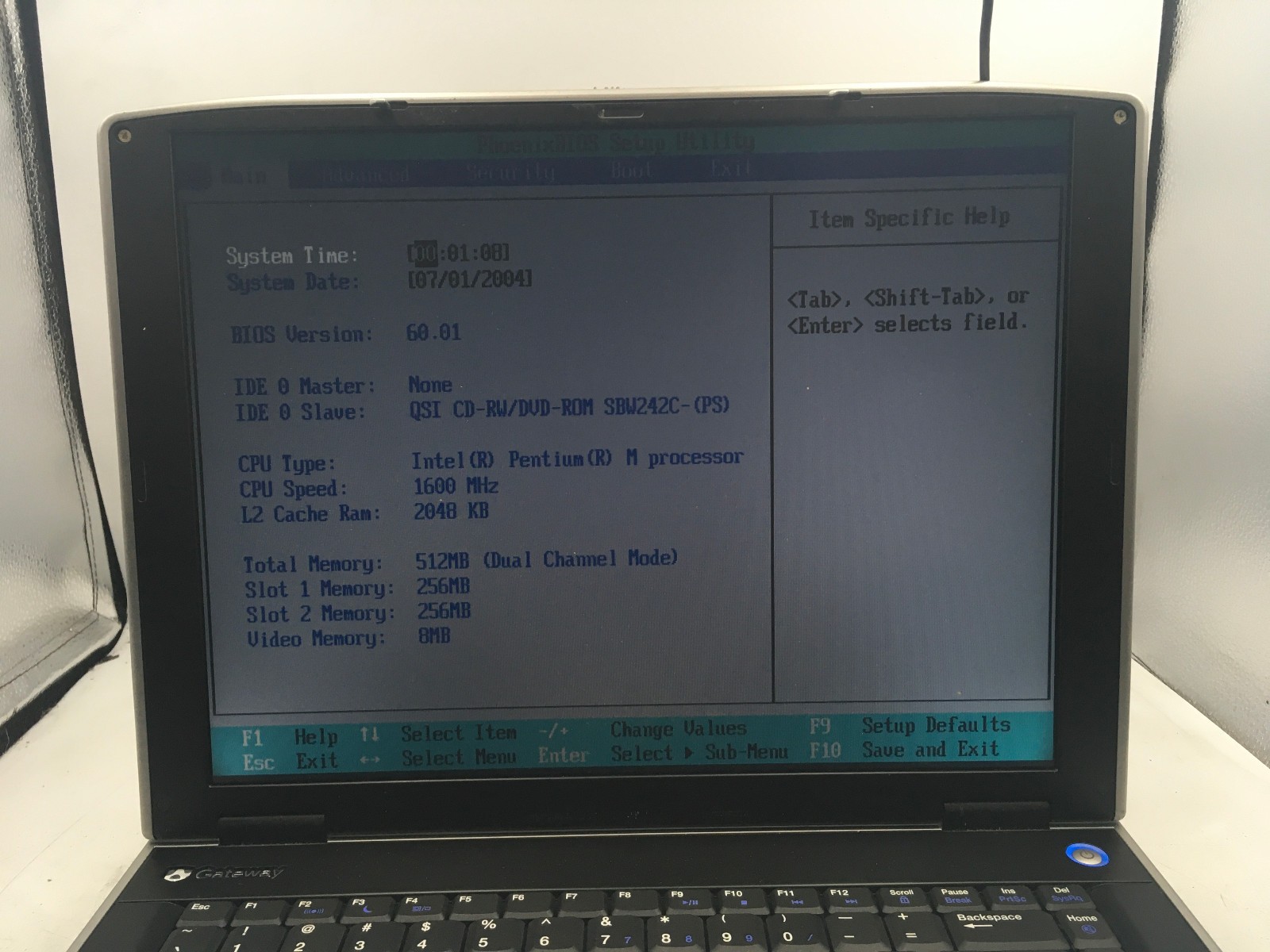 GATEWAY M460 – BOOTS TO BIOS – INTEL PENTIUM M – 512MB RAM – 15″ – READ DESC -BB