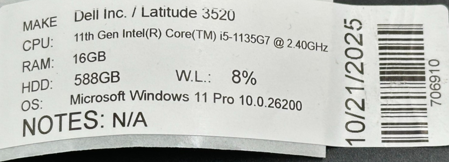 DELL LATITUDE 3520 LAPTOP CORE i5-1135u @ 2.40Ghz 16GB RAM 588GB SSD (lp616)