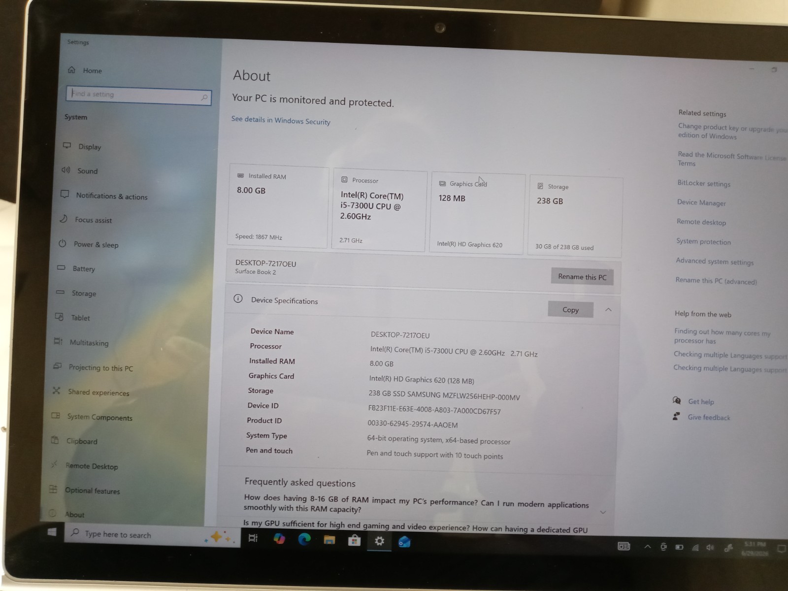 Microsoft Surface Book 2 1832 i5-7300U 2.6GHz 8GB RAM 256GB NVMe WIN10 PRO/NO AC