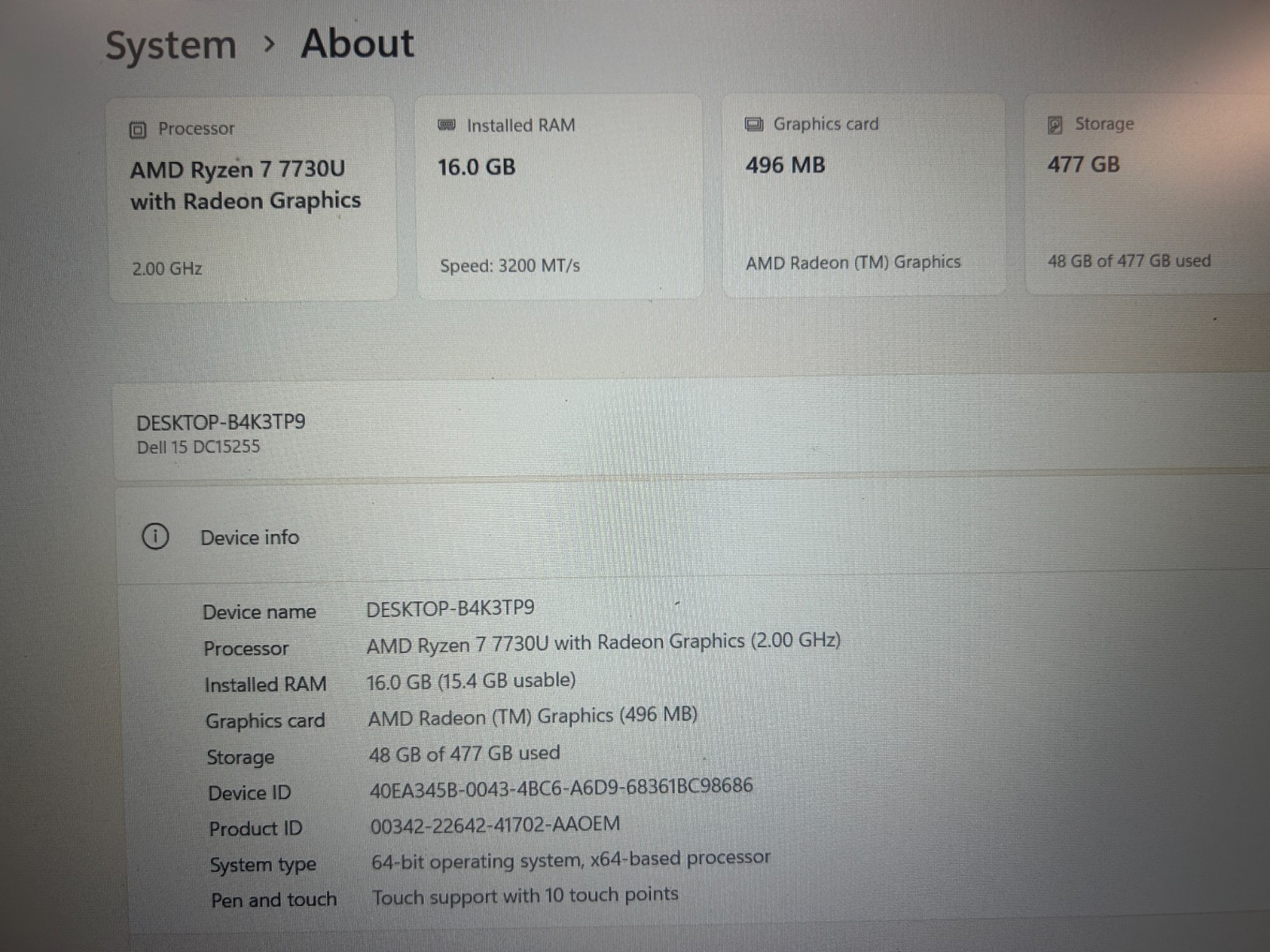 DELL 15 DC15255 G8MK9, AMD Ryzen 7 7730U, 2.00 GHz, 16 GB RAM, 512 GB NVMe