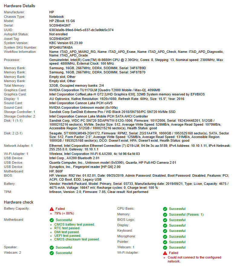 HP ZBook 15 G6, i9-9880H, @ 2.30GHz, 32GB RAM, 1TB HDD & 512GB NVMe-No OS/AC