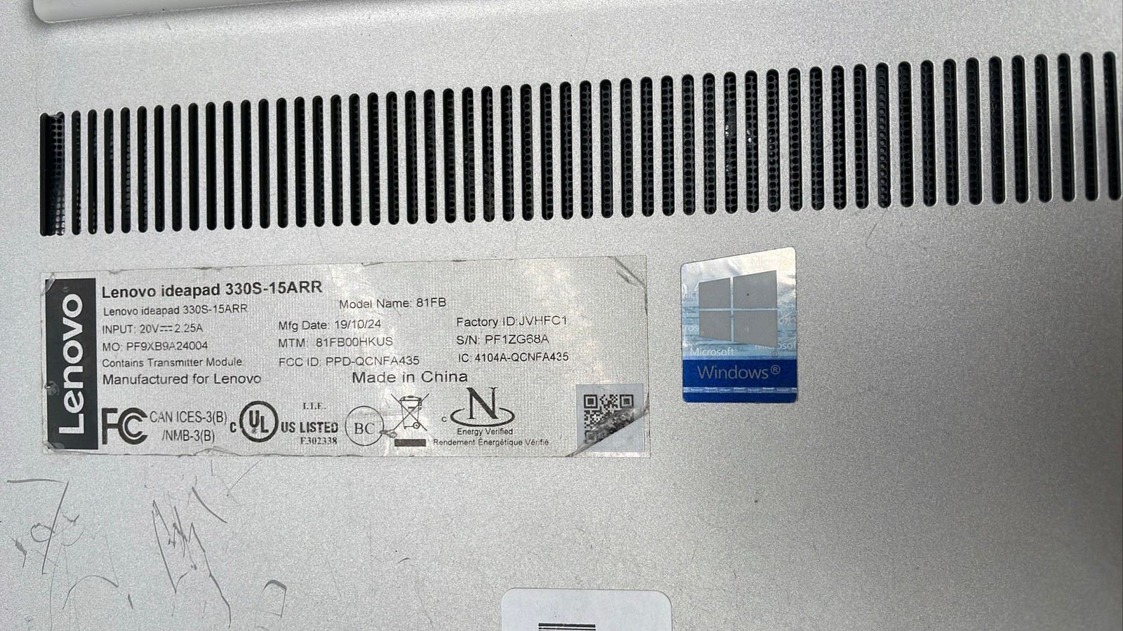 Lenovo IdeaPad 330S-15ARR 15.6″ Laptop Model 81FB Silver No Charger
