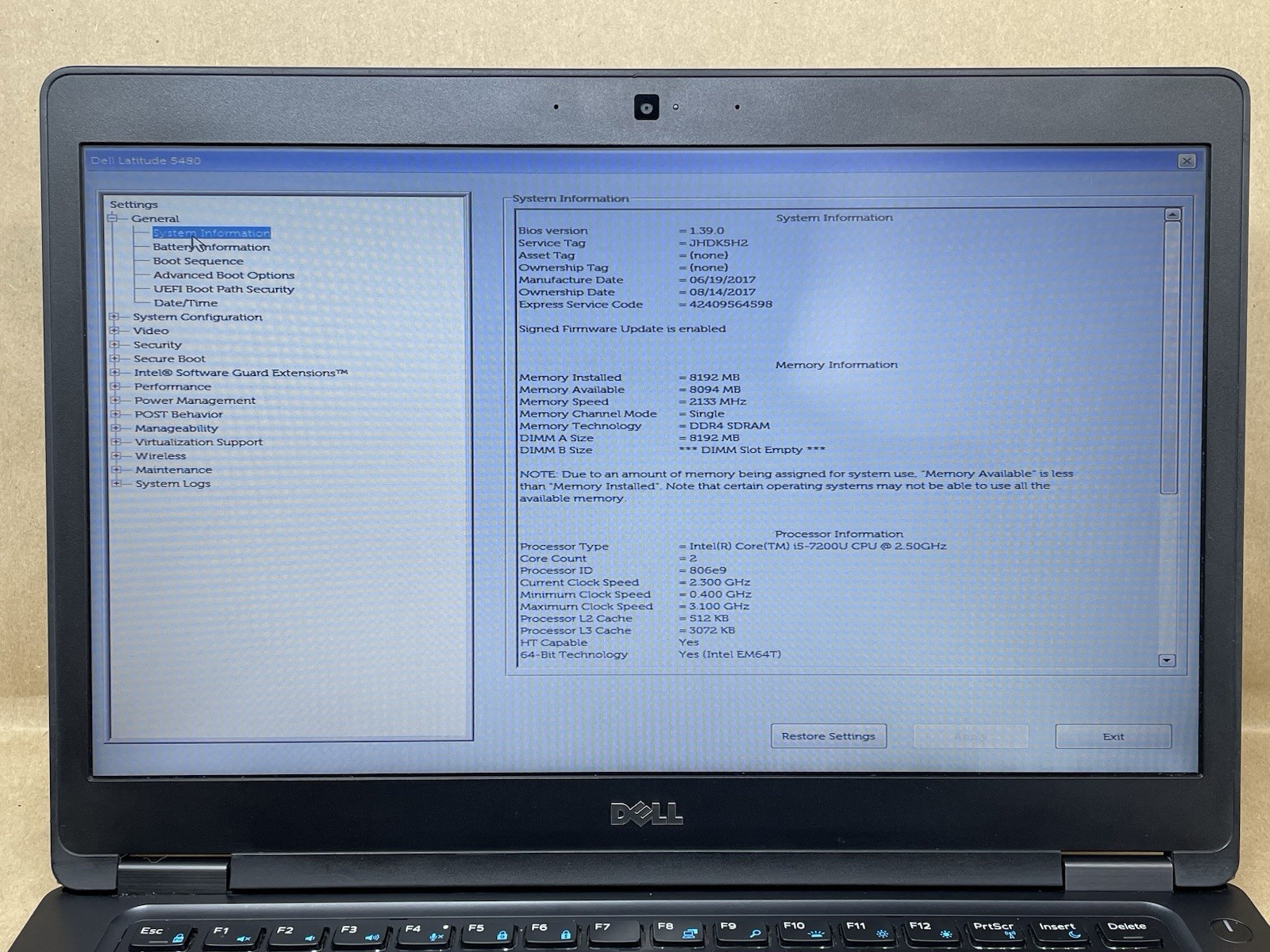 Dell Latitude 5480 Intel Core i5-7200U @2.50GHz 8GB RAM NO SSD NO OS