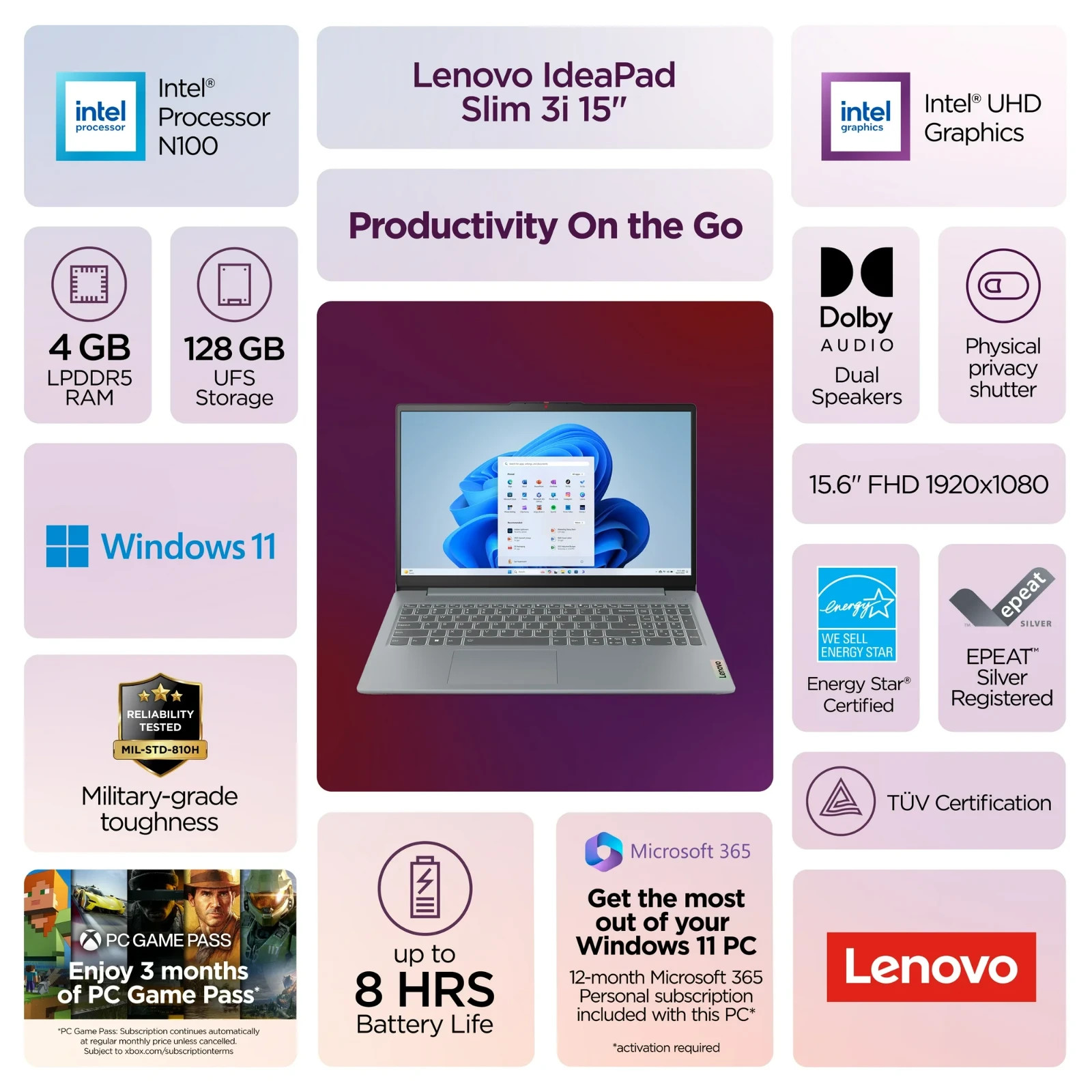 Lenovo IdeaPad Slim 3i 15.6″ Laptop Intel Processor N100 128 SSD (new open seal)