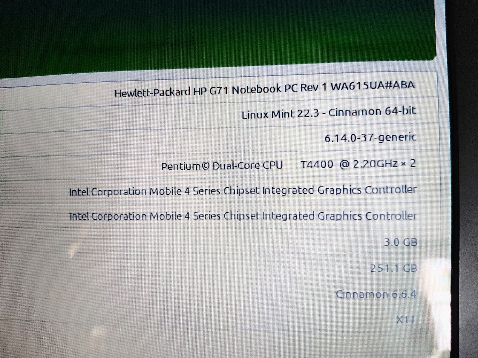 HP G71-447US Notebook Linux Mint 259gb Hdd, 3gb RAM