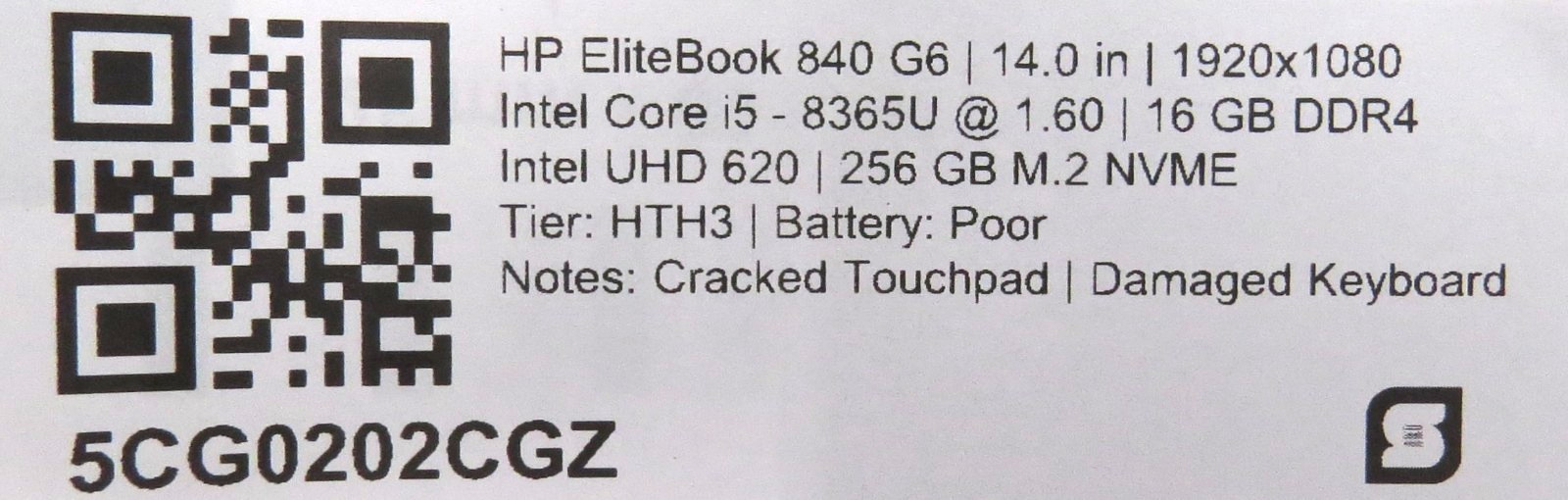 HP EliteBook 840 G6 _ i5-8365U @1.6 _ 16GB RAM _ 256GB SSD _ No OS _ w/ AC