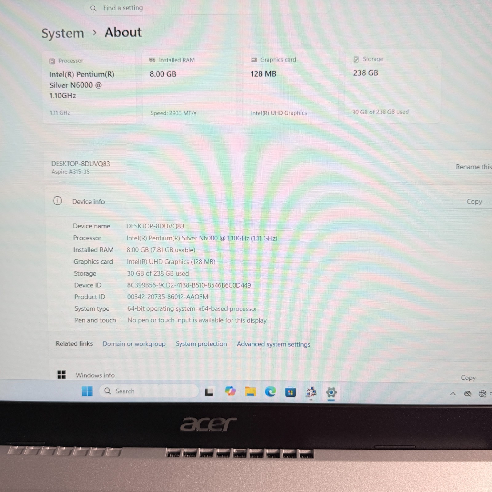 Laptop Acer Aspire A315-35 15.6″ Pentium N6000 8GB 256GB SSD UHD Win11 Home Good