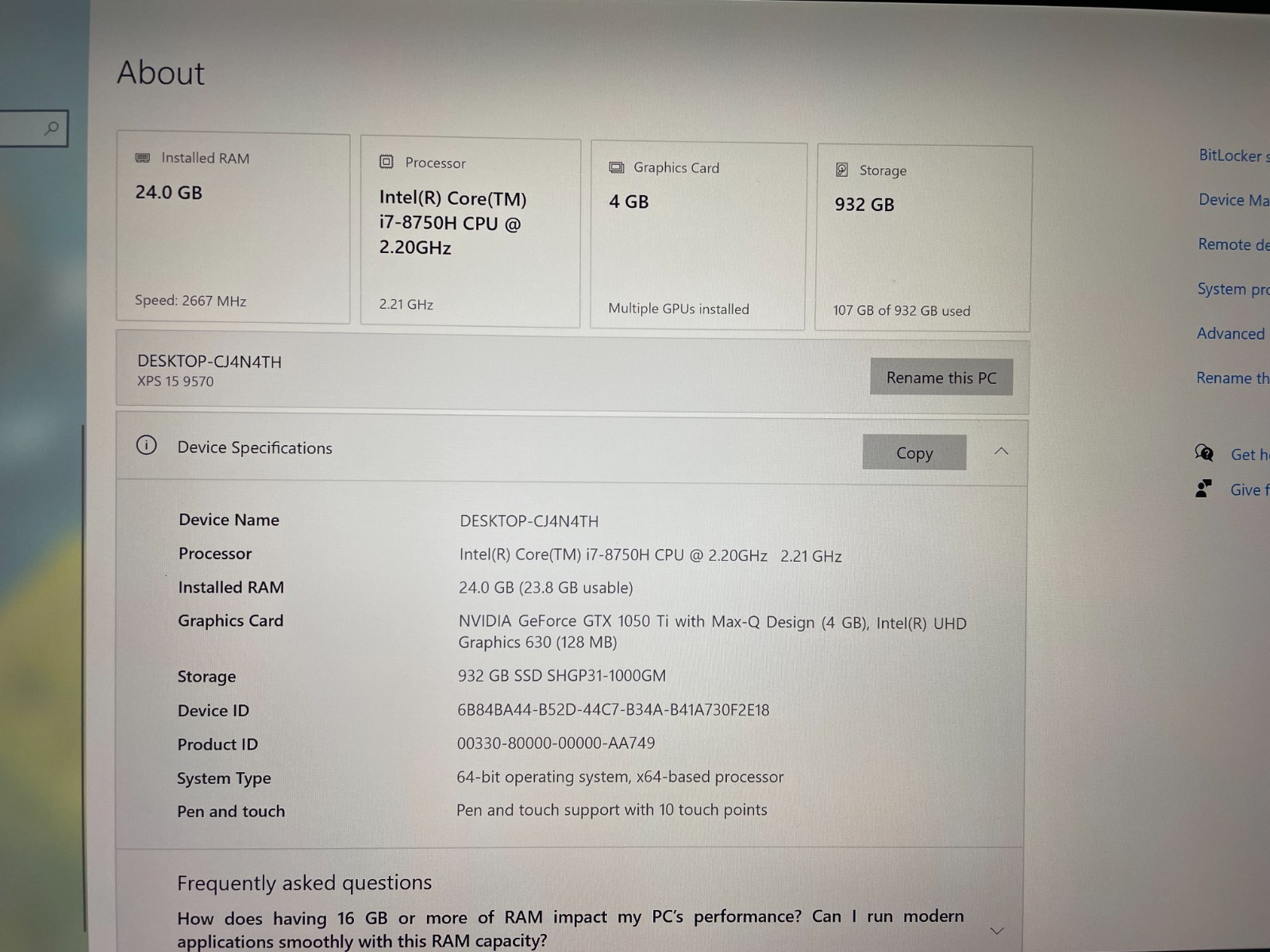Dell XPS 9570 i7-8750H @2.20GHz, 24GB RAM, 1TB SSD, NVIDA 1050, 4k Touchscreen