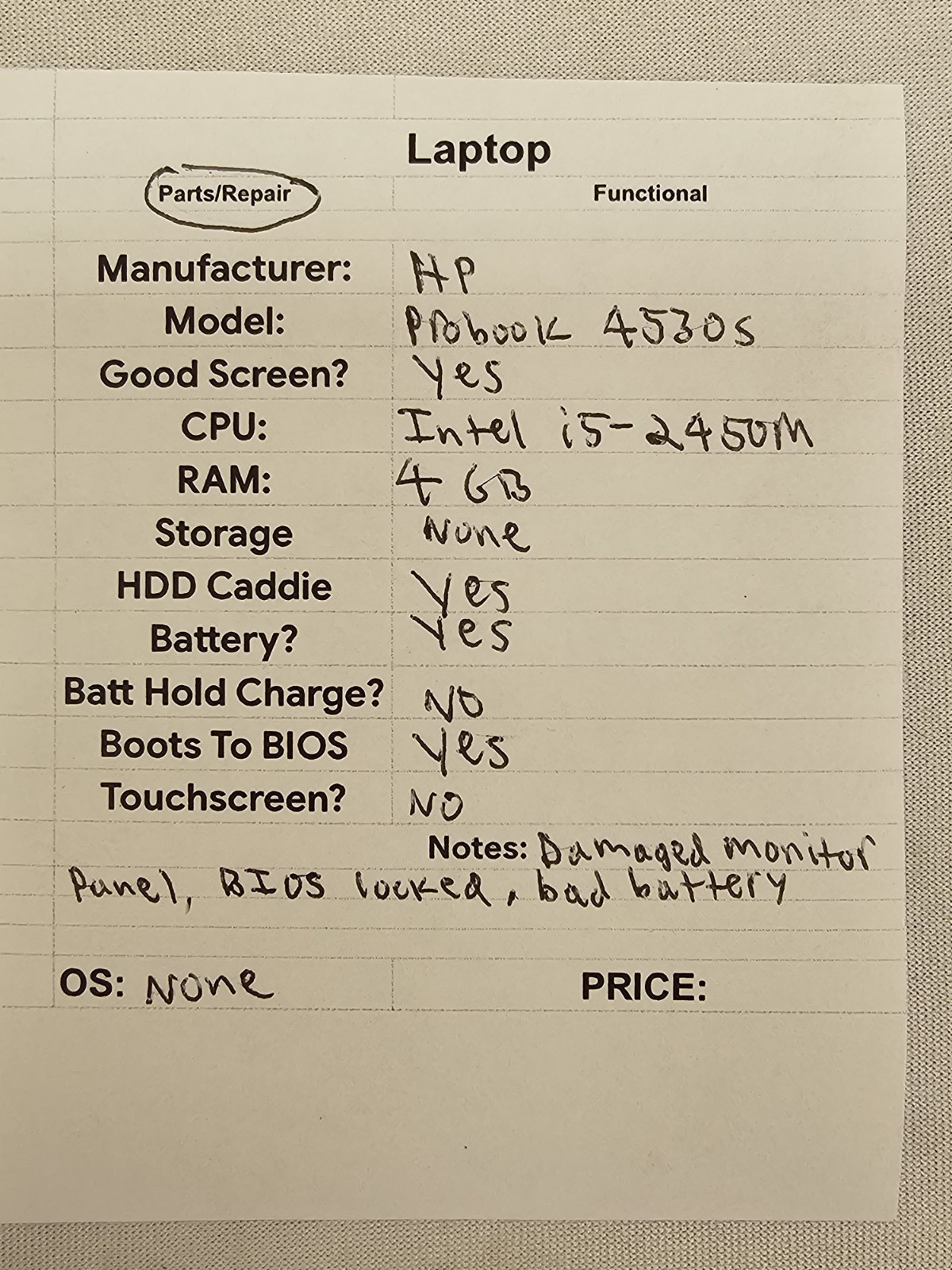 HP ProBook 4530s Laptop – i5-2450m – 4GB RAM – BIOS LOCKED BAD BATT – READ DESC.