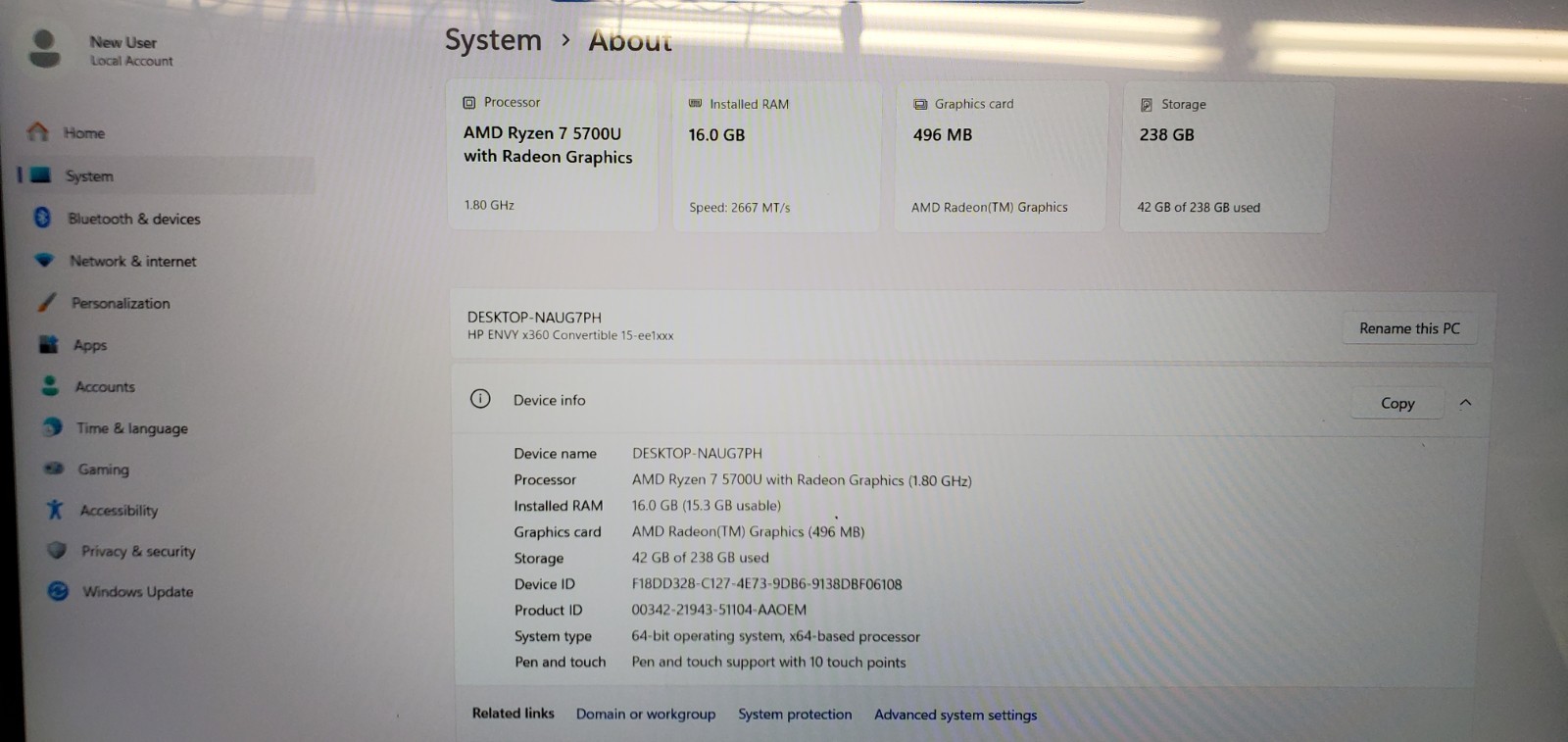 HP ENVY x360 15-ee1xxx Laptop AMD Ryzen 7 5700U 1.8GHz 16GB RAM 256GB SSD W11H