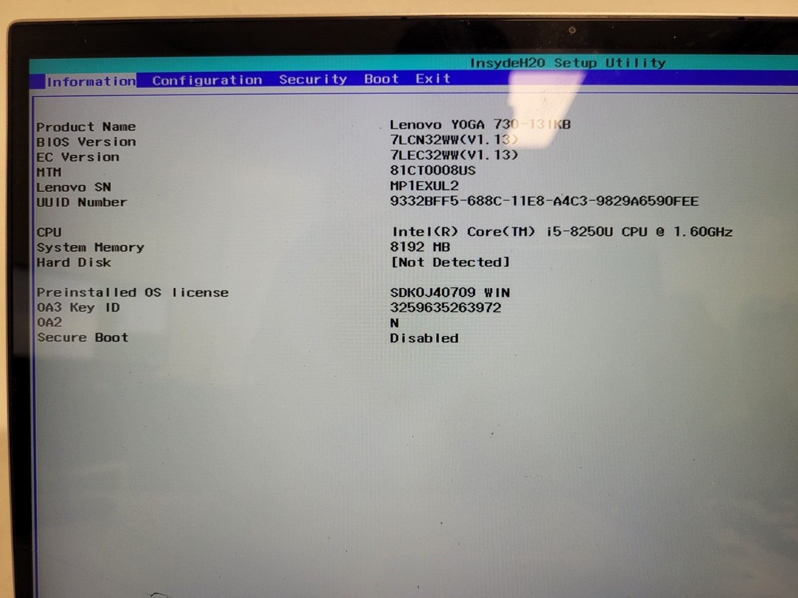 Lenovo yoga 730 131kb i5-8250u 1.6ghz 8gb ram no ssd *for parts READ MP1EXUL2
